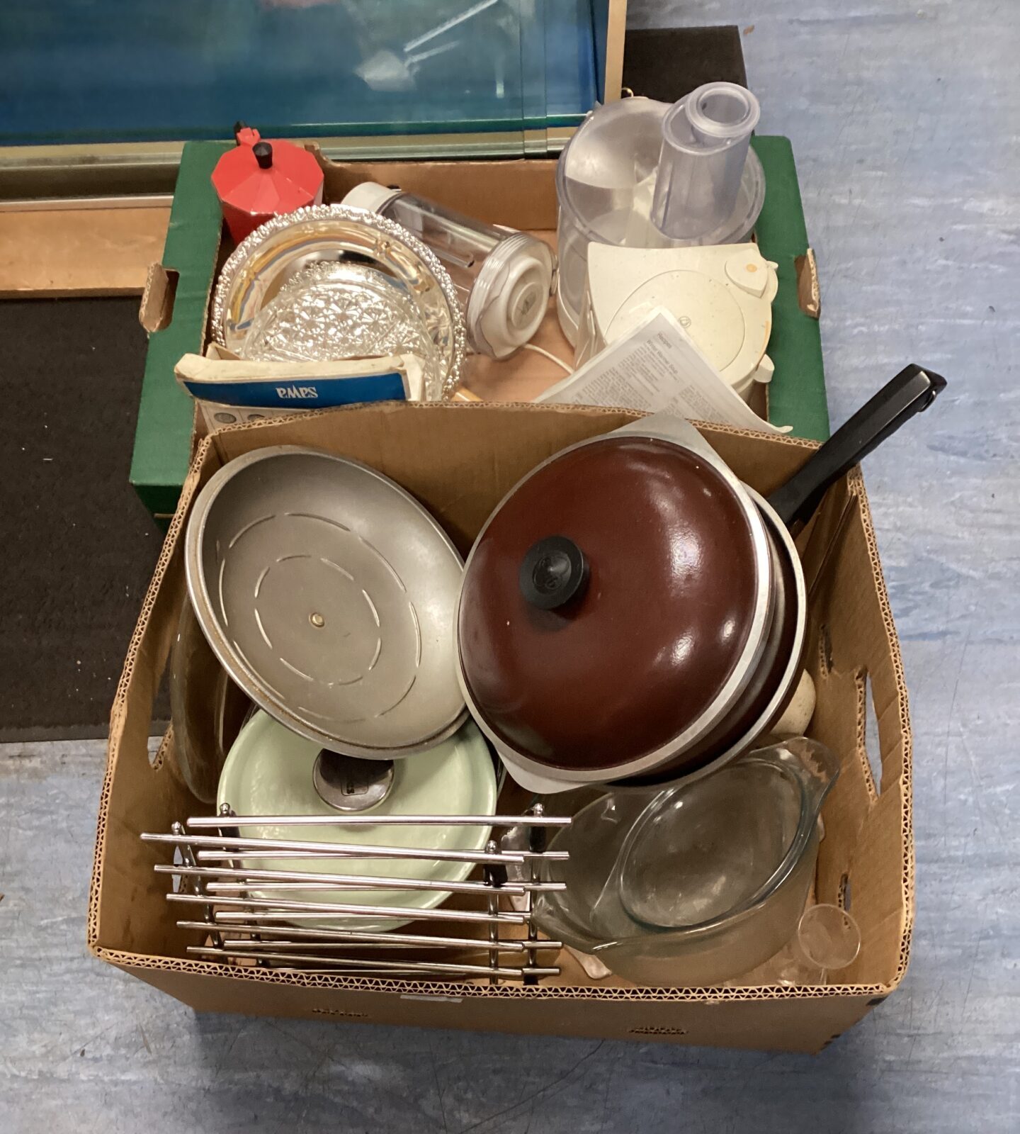 Two boxes of mixed kitchenware inc queen anne silver plated hors d’Oeuvre dish