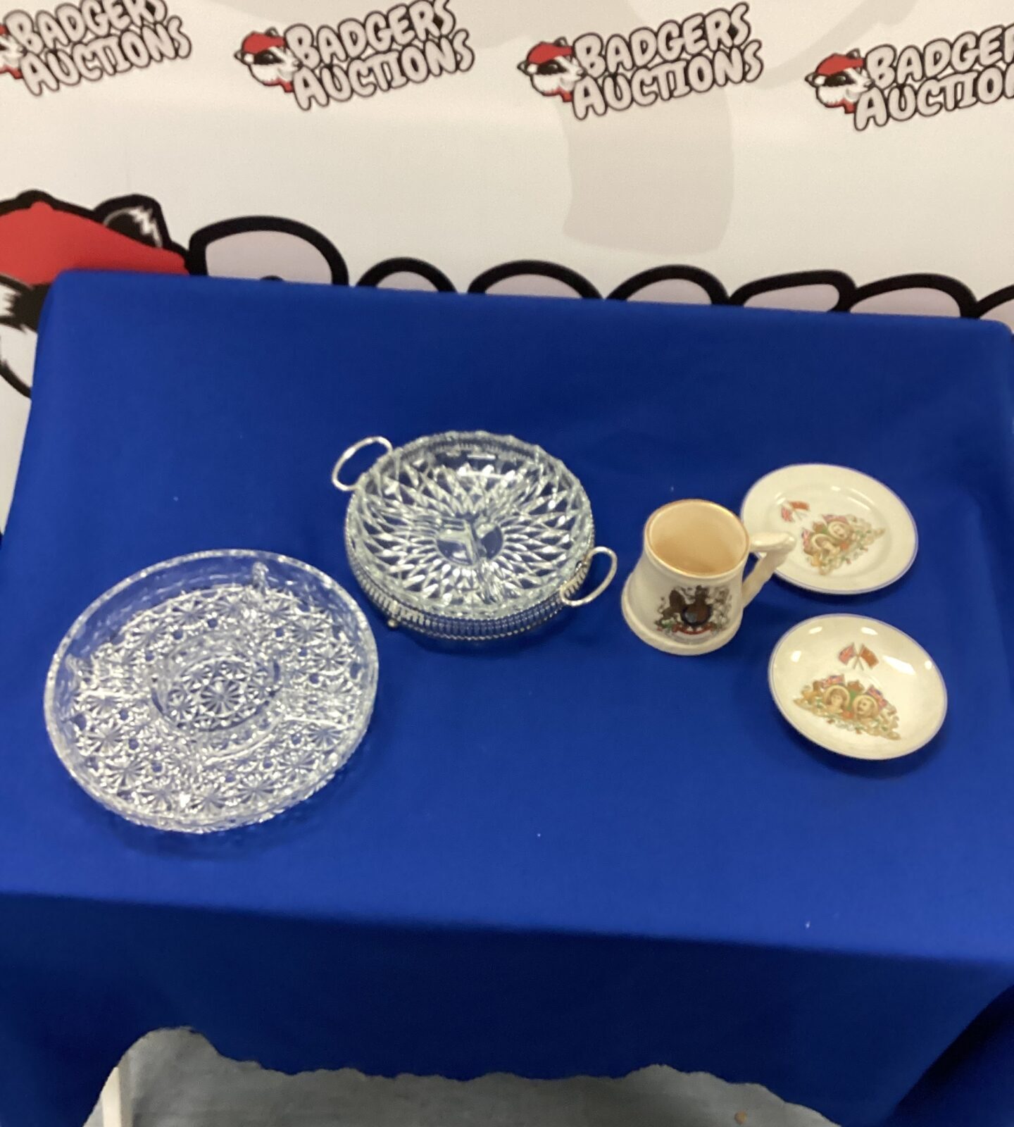 Two glass divided serving dishes and Royal memorabilia