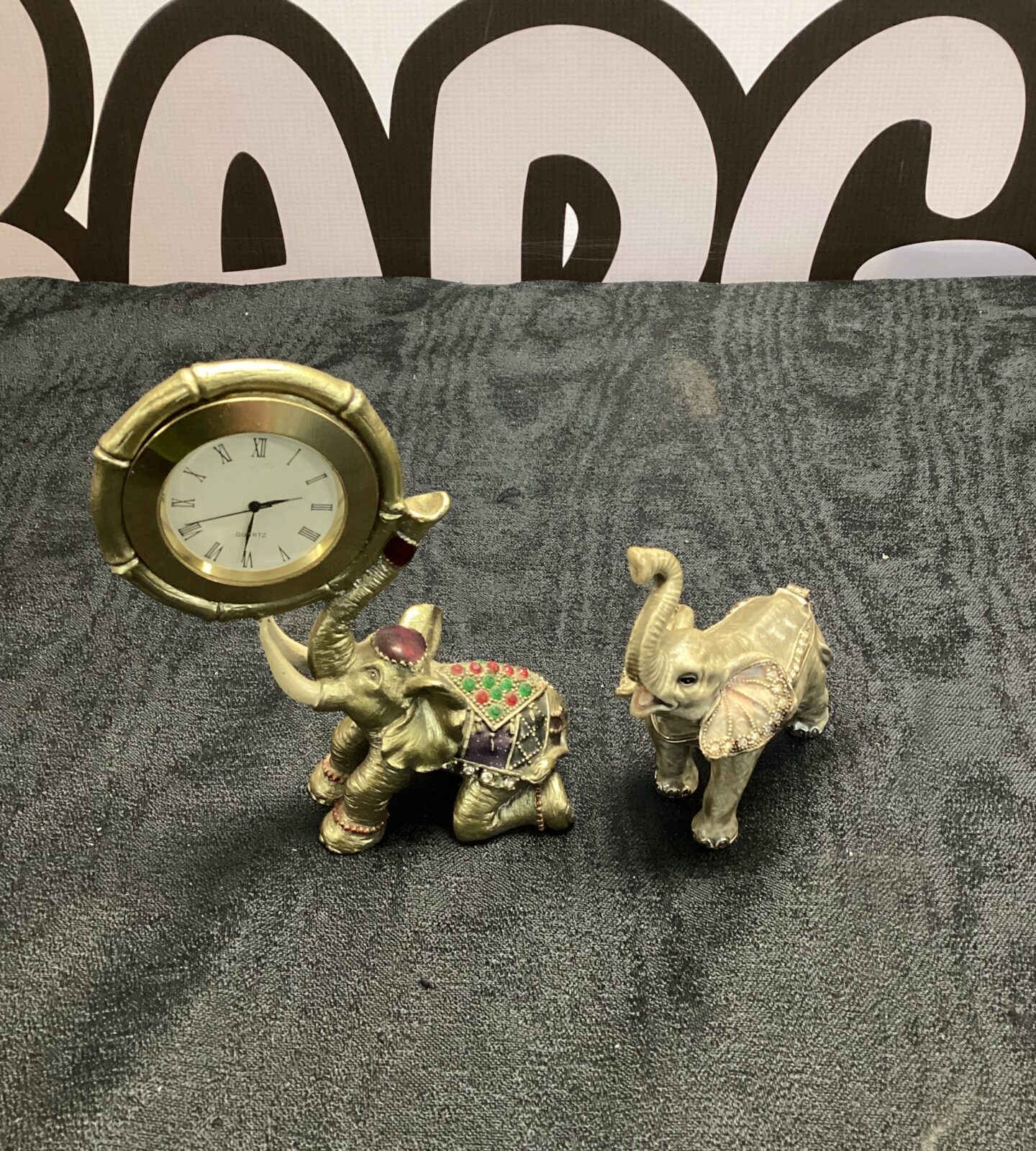 Two small ornamental decorative elephants inc pillbox & desk clock