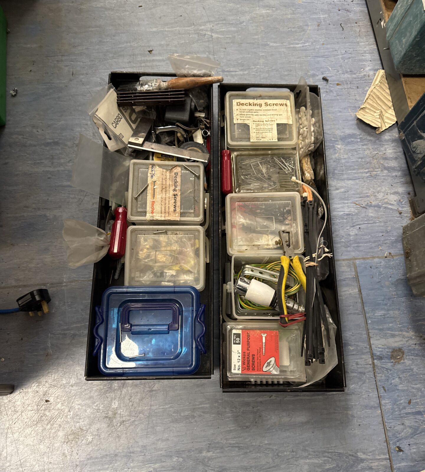 Two trays of assorted tools & hardware