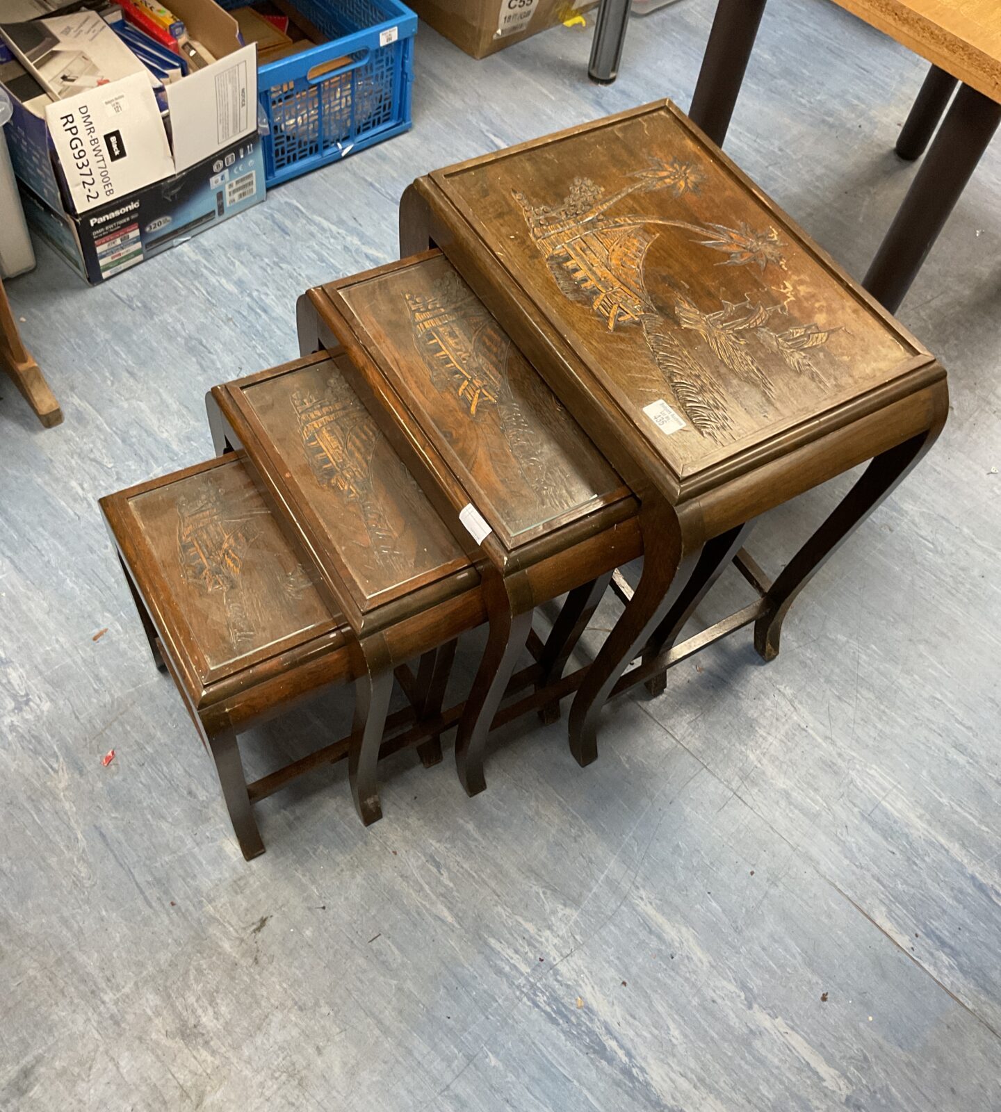 Vintage Chinese carved nest of tables (one missing glass)