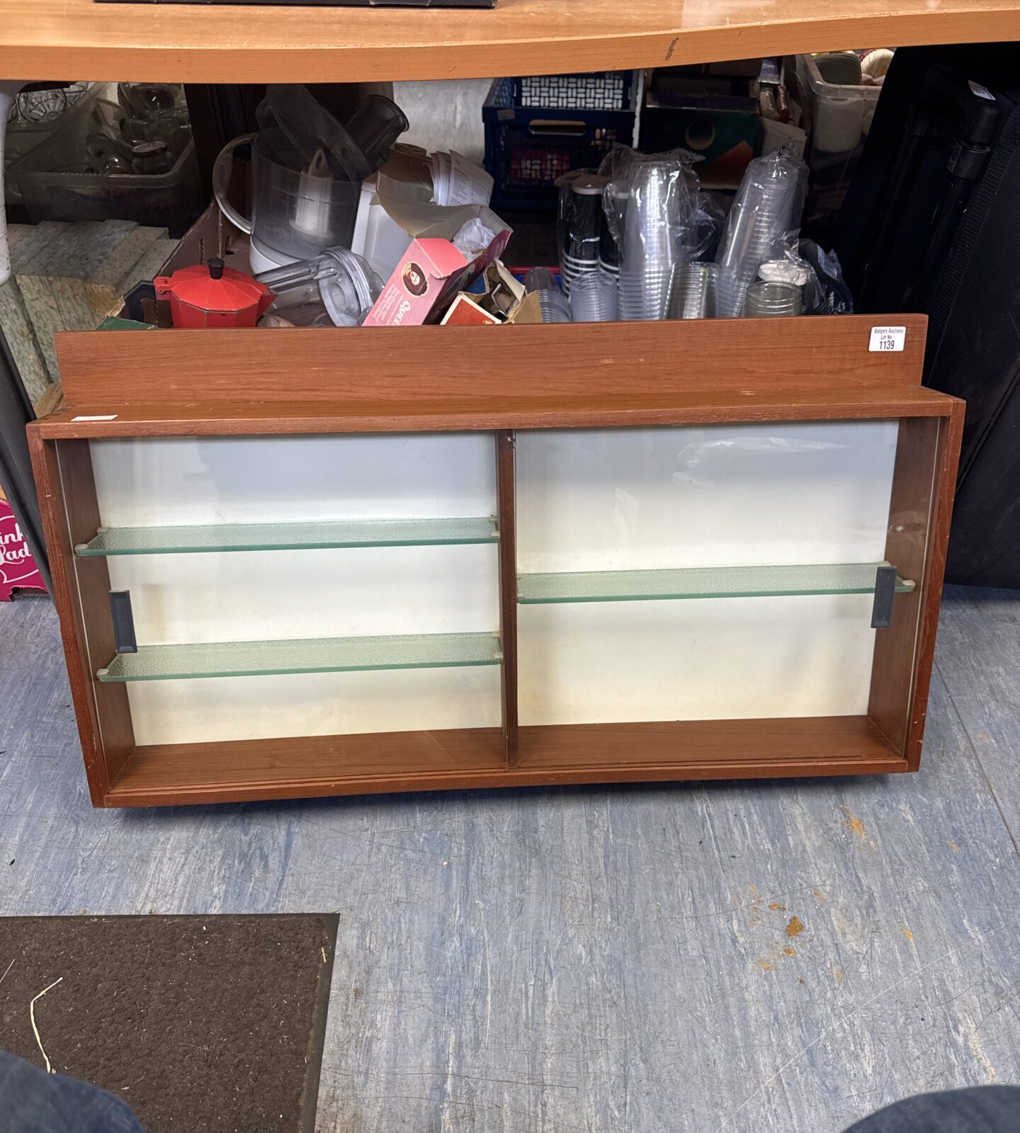 Vintage glass fronted display cabinet 36” length x 4.75” depth x 16.5” height (to top of cabinet section)