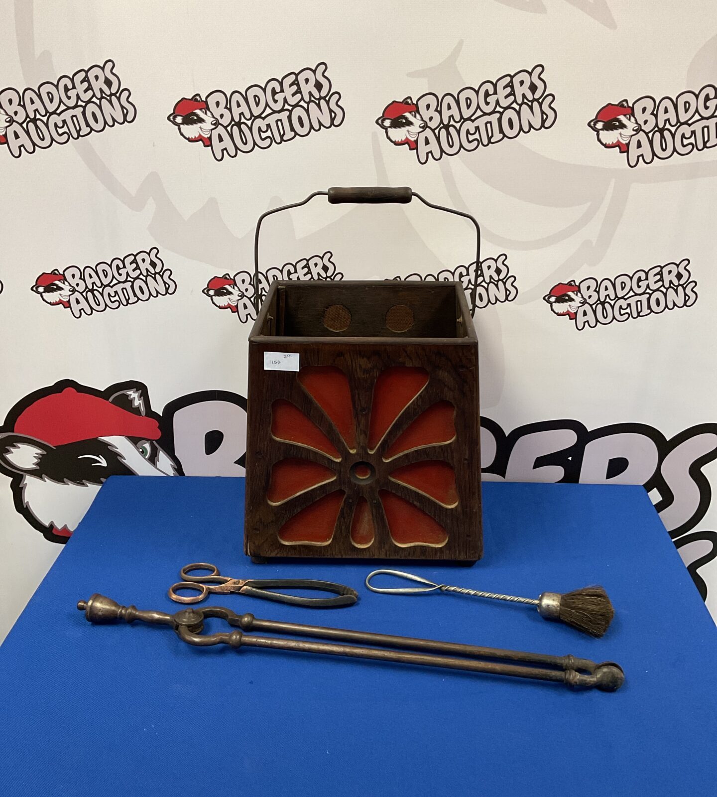 Vintage wooden speaker box bucket with fireplace tools