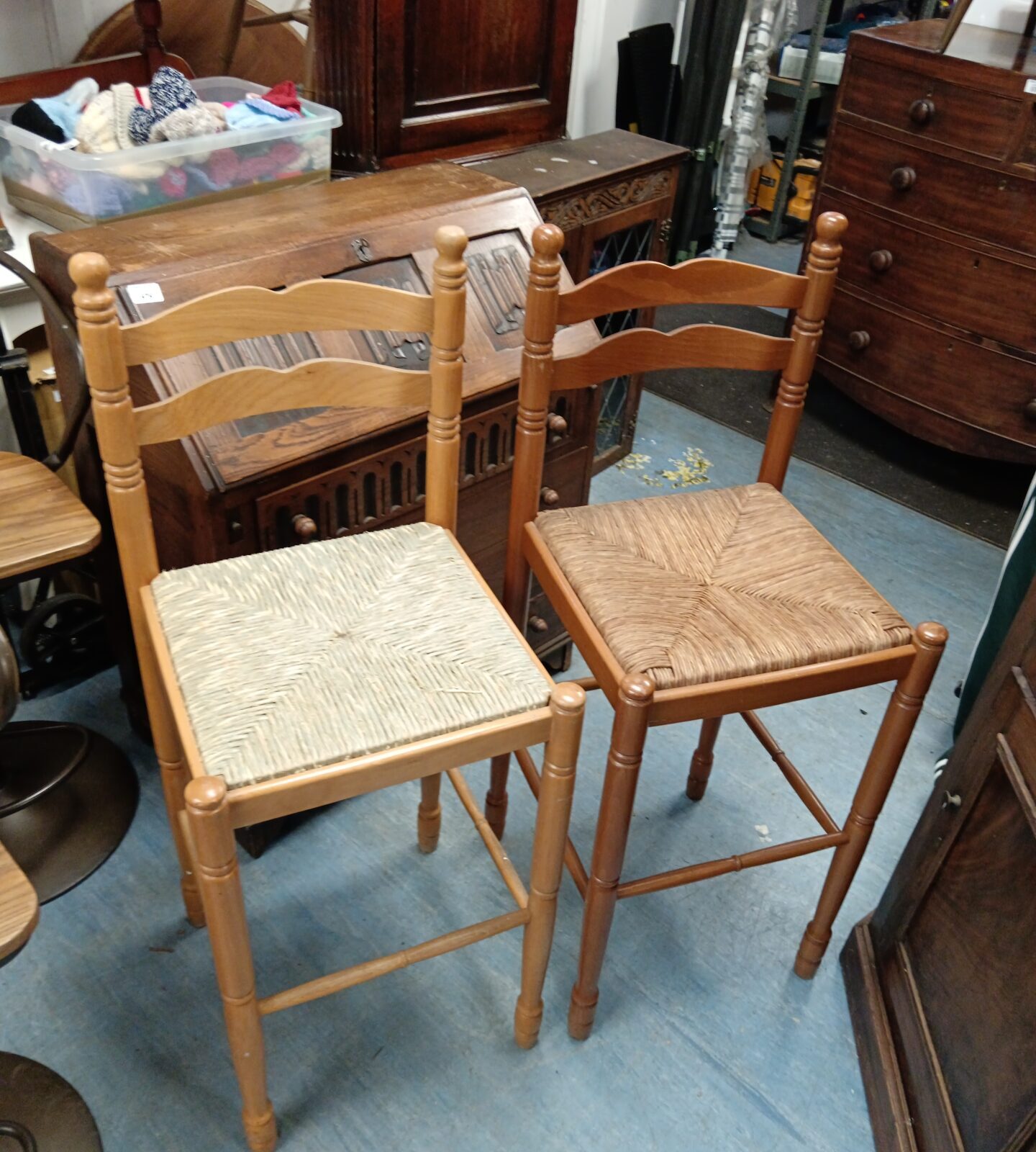 Pair of rattan seated beech bar stools