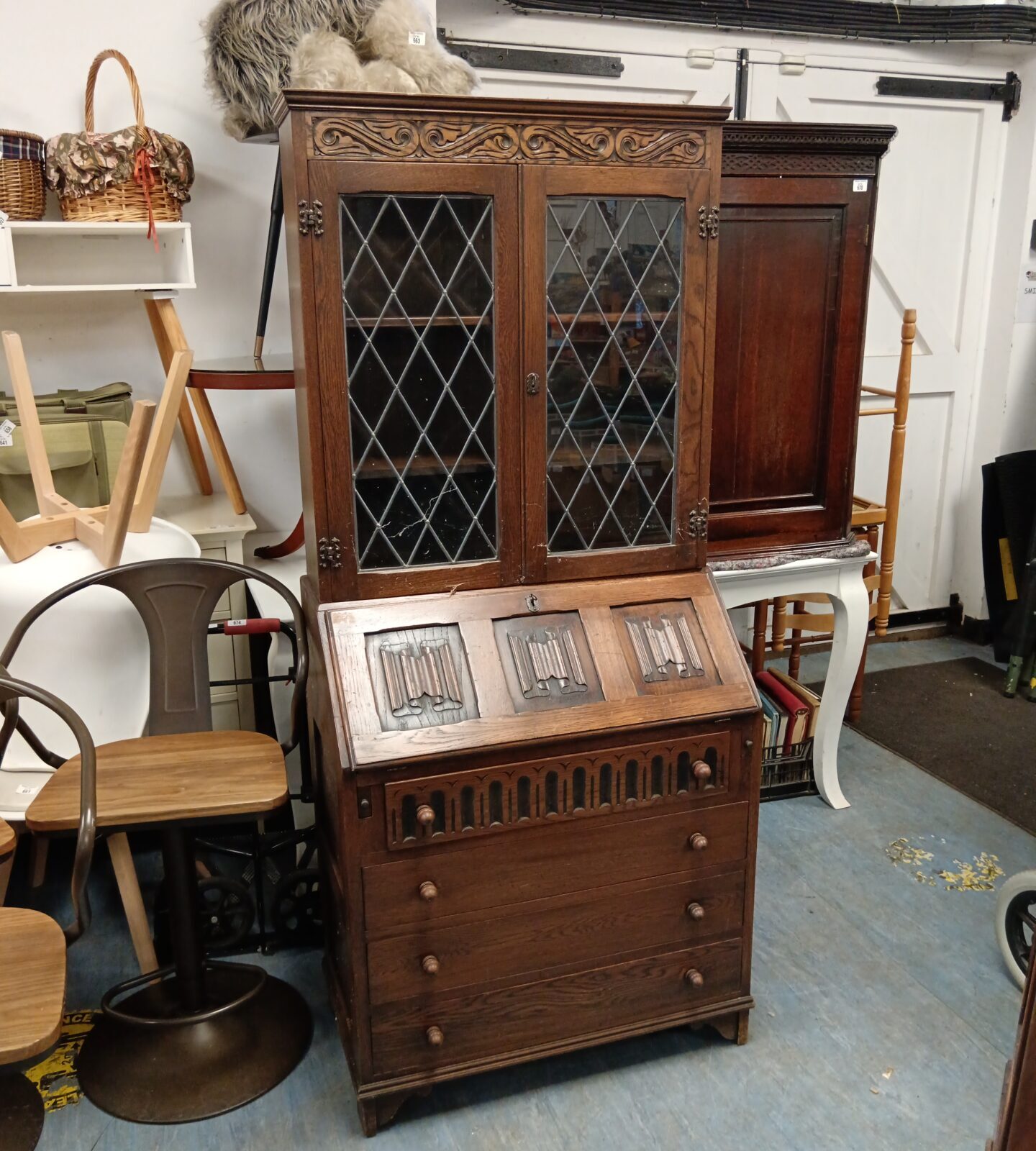 Antique oak writing bureau display cabinet