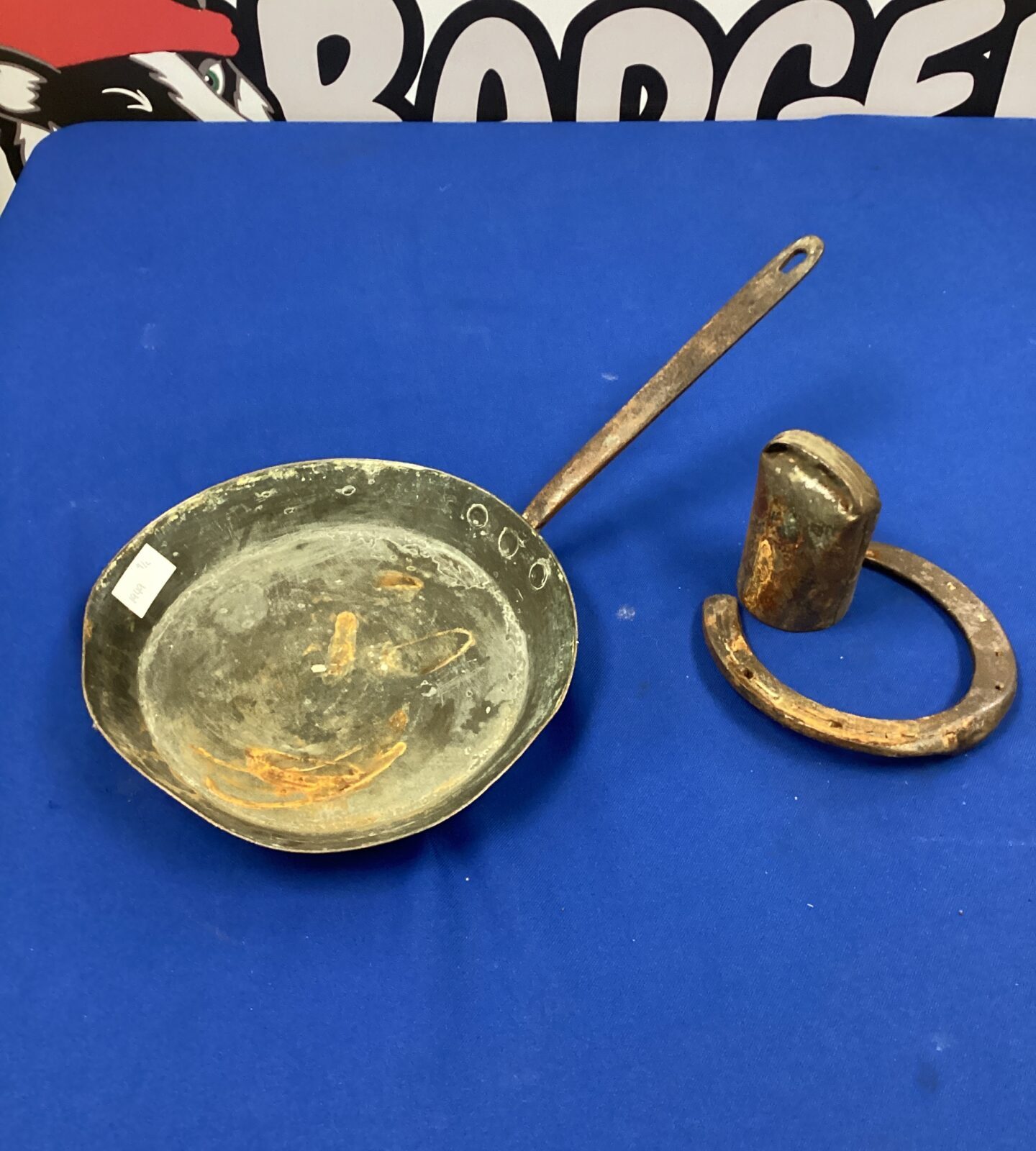 antique copper pan, horseshoe & cow bell