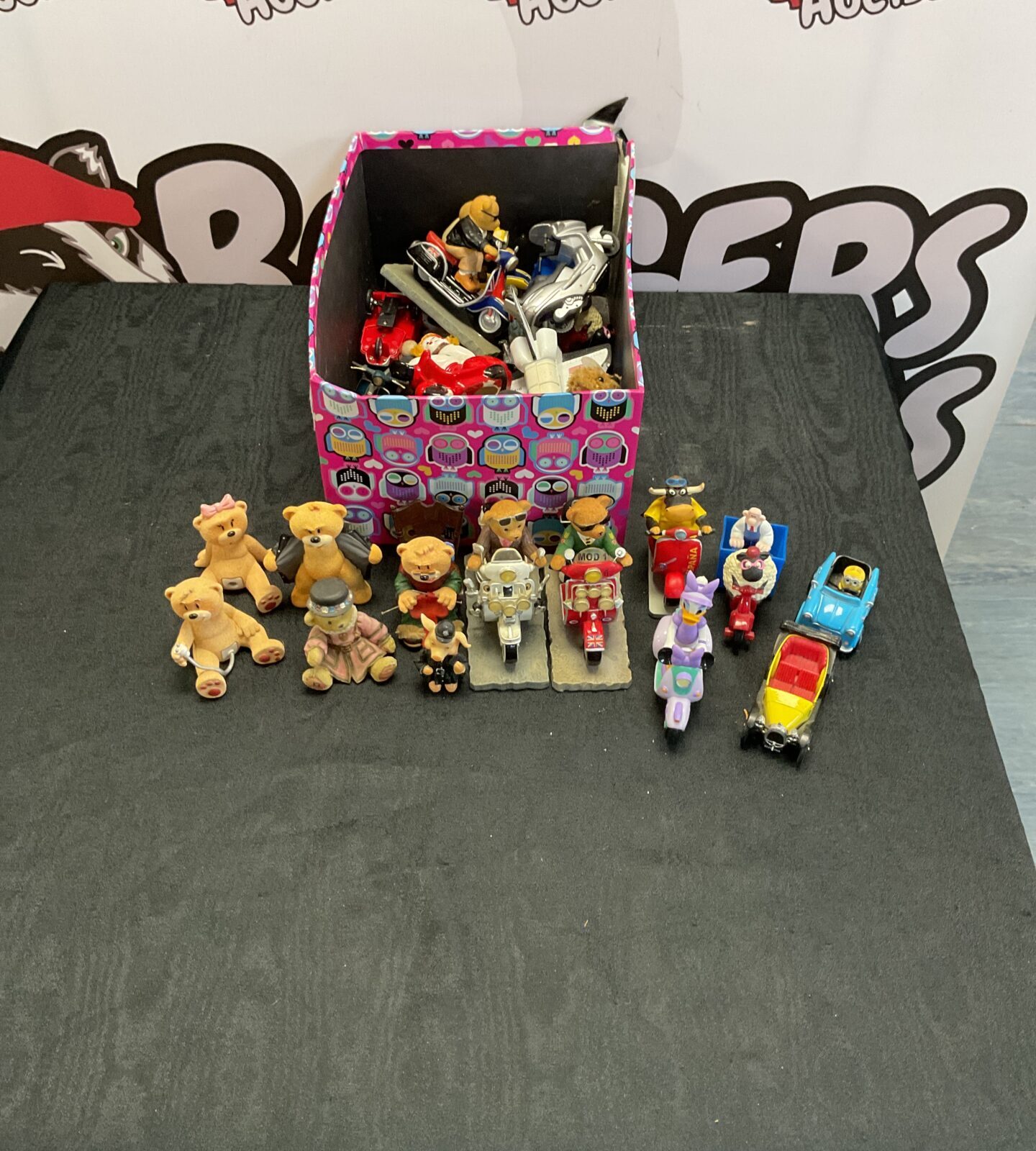 Box of mixed toys inc bad bears, disney and corgi brum model