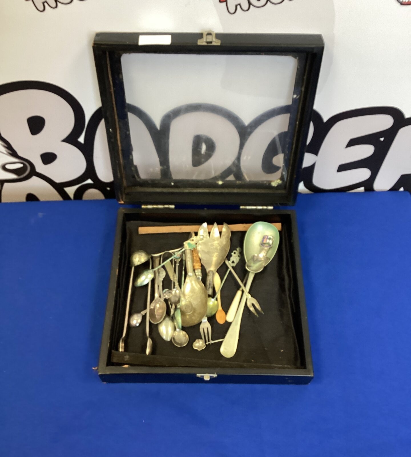 Box of vintage silverplate tableware inc sugar tongs