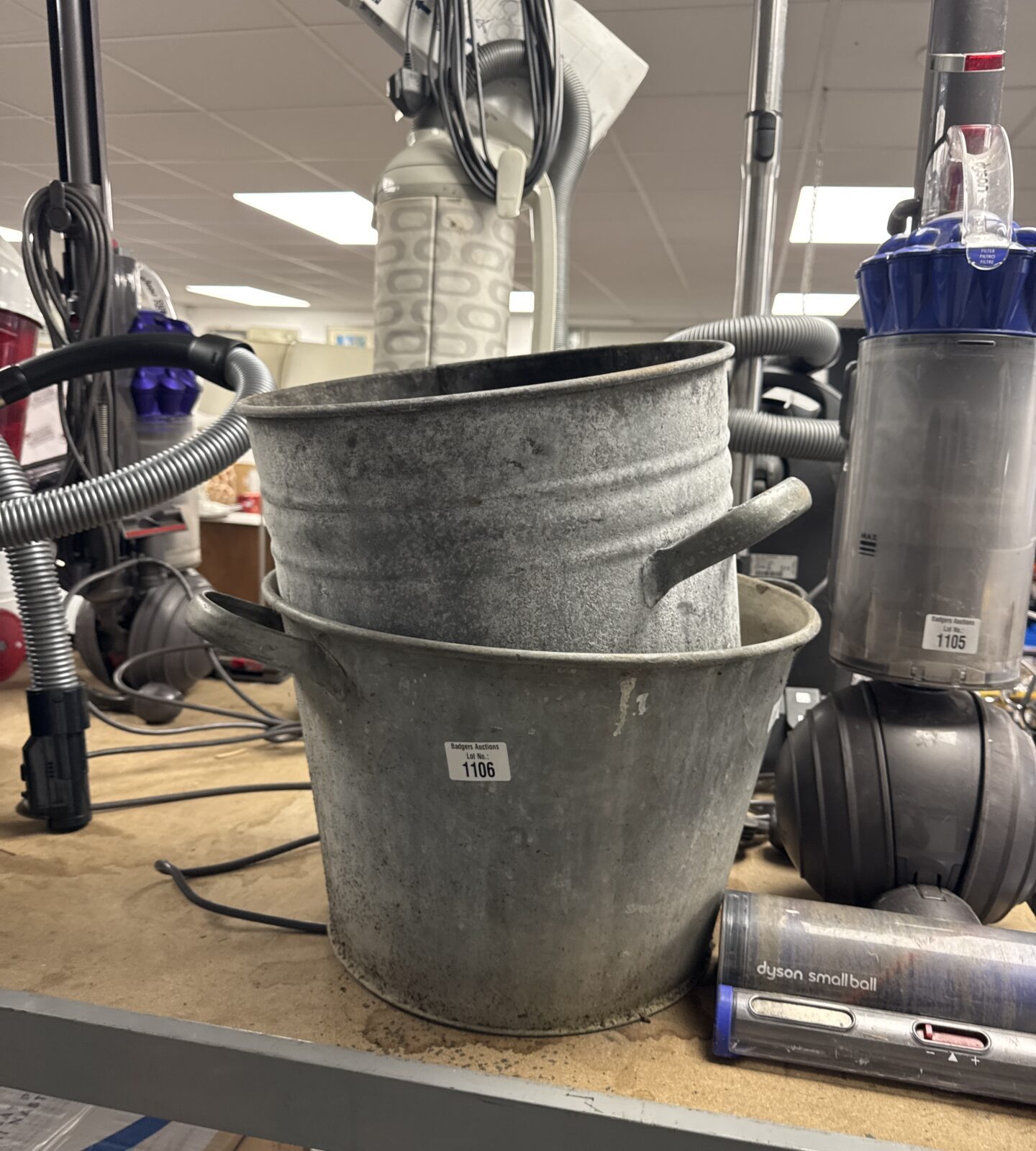 Two large galvanised buckets