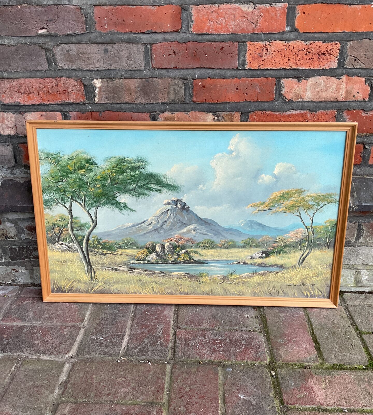 dieuwie holthuysen Oil on board of an african savanna scene with mountain