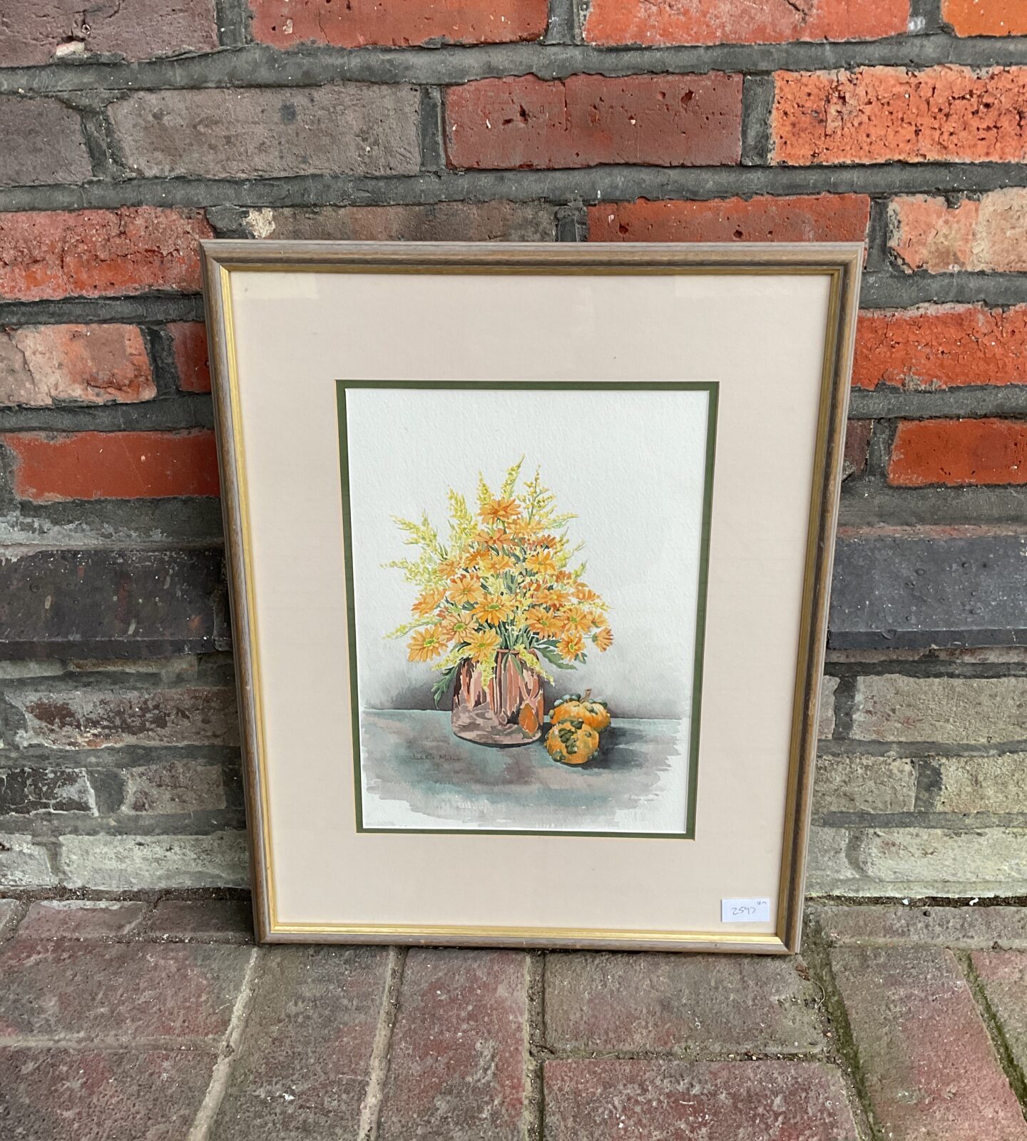 Judith milne original still life watercolour titled chrysanths in a copper pot