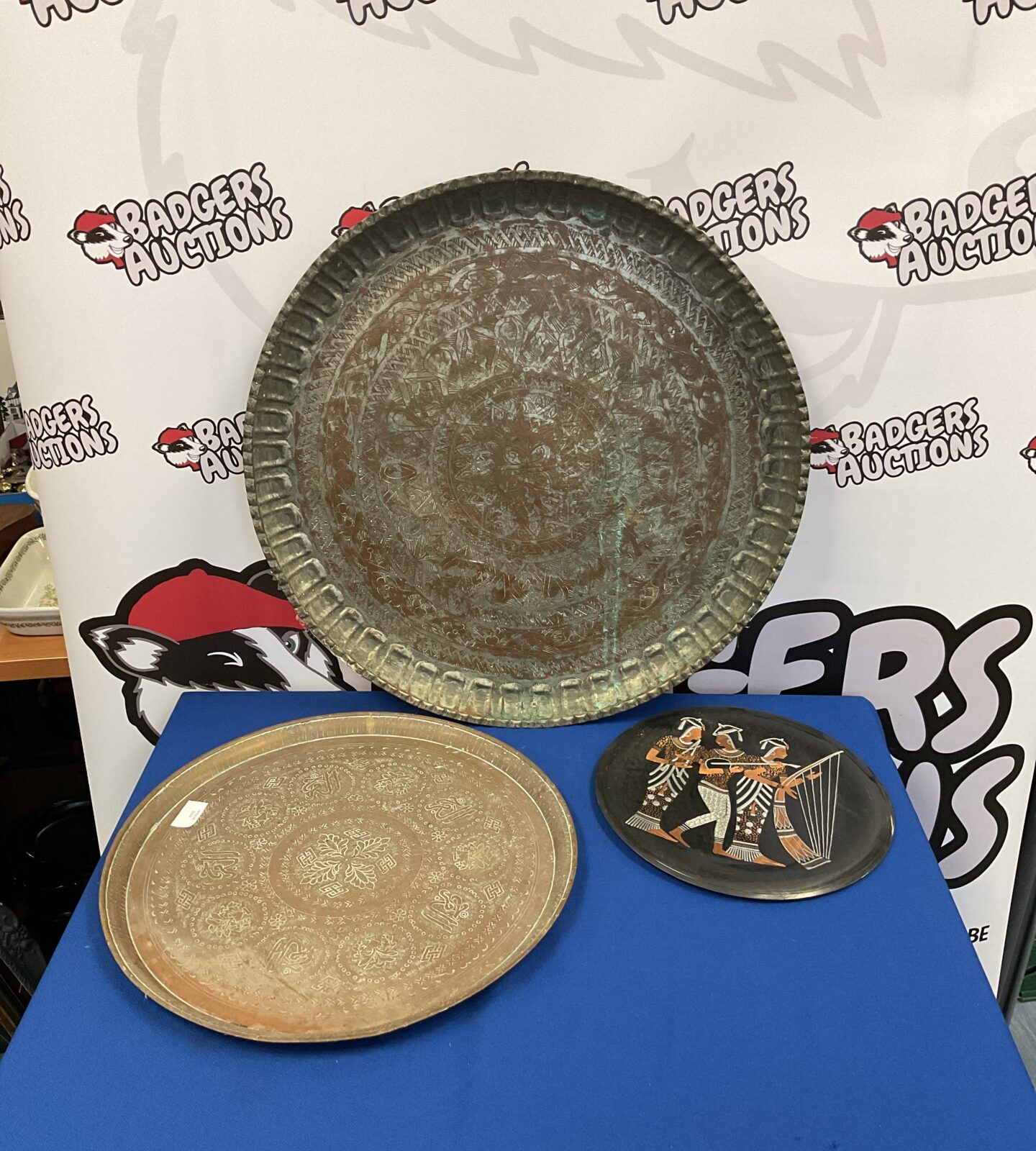 Large copper indian chargers & Egyptian copper plate