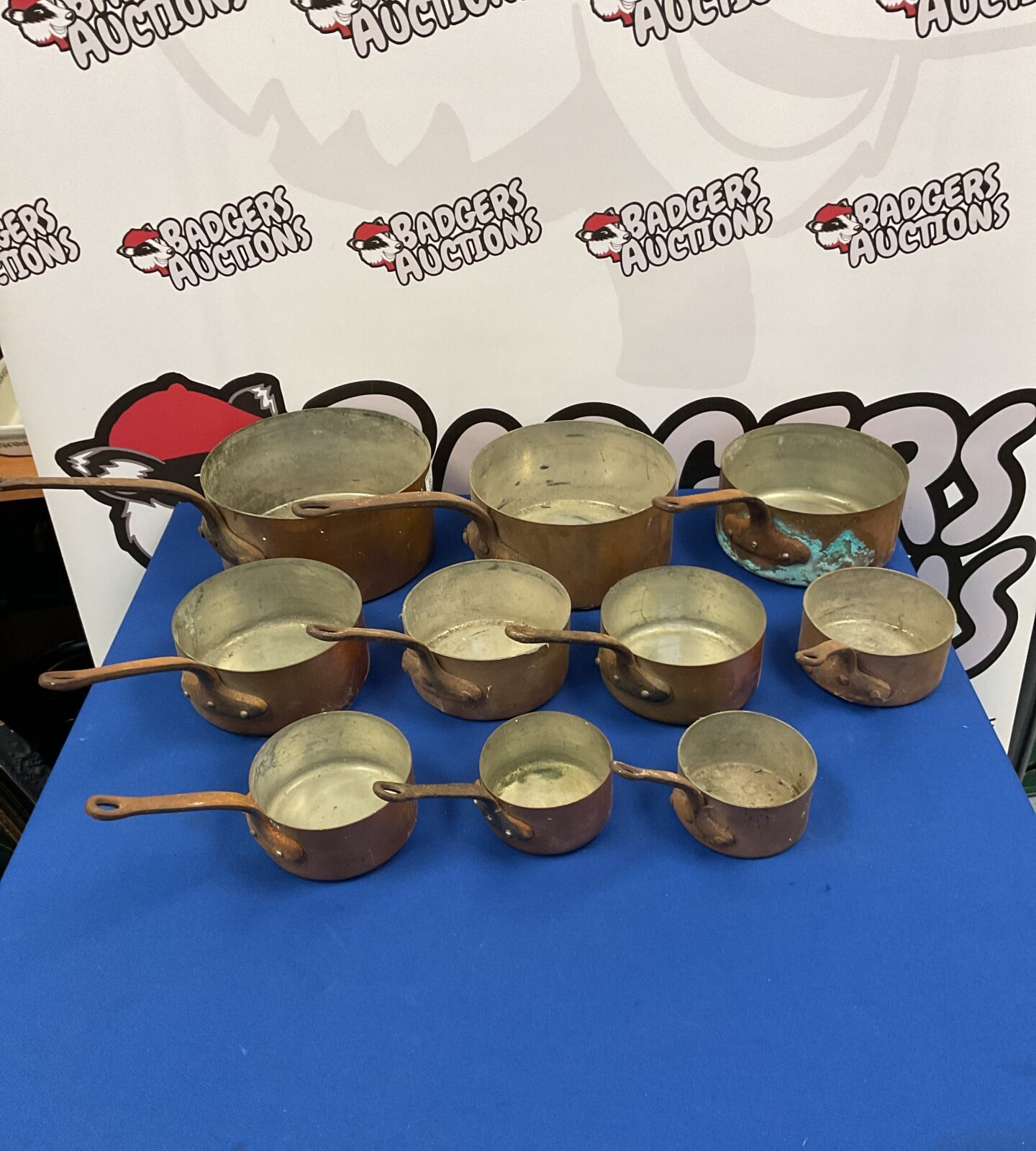 Set of 10 vintage copper pans