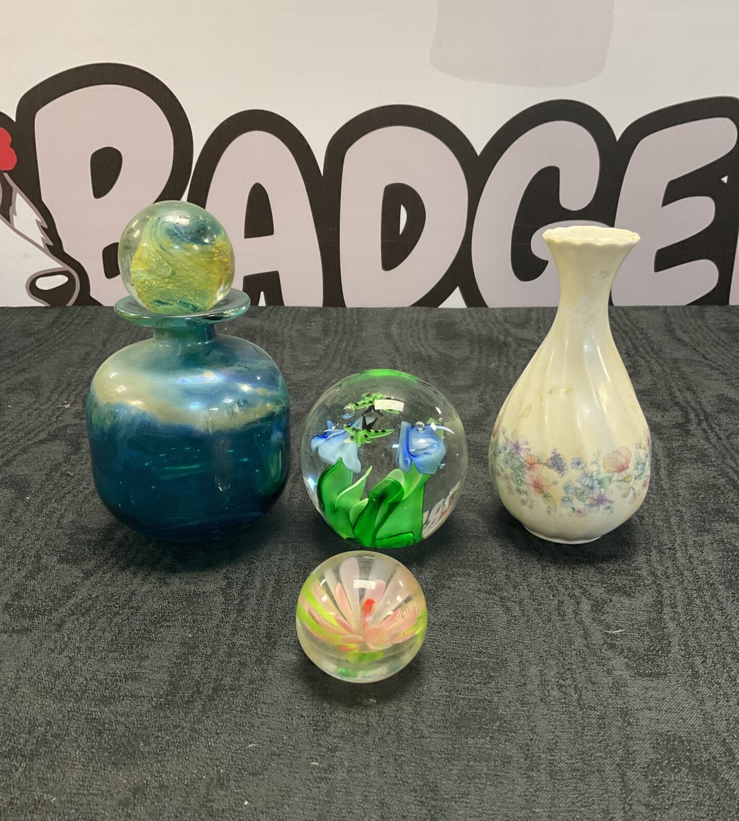 Two glass paperweights & medina scent bottle