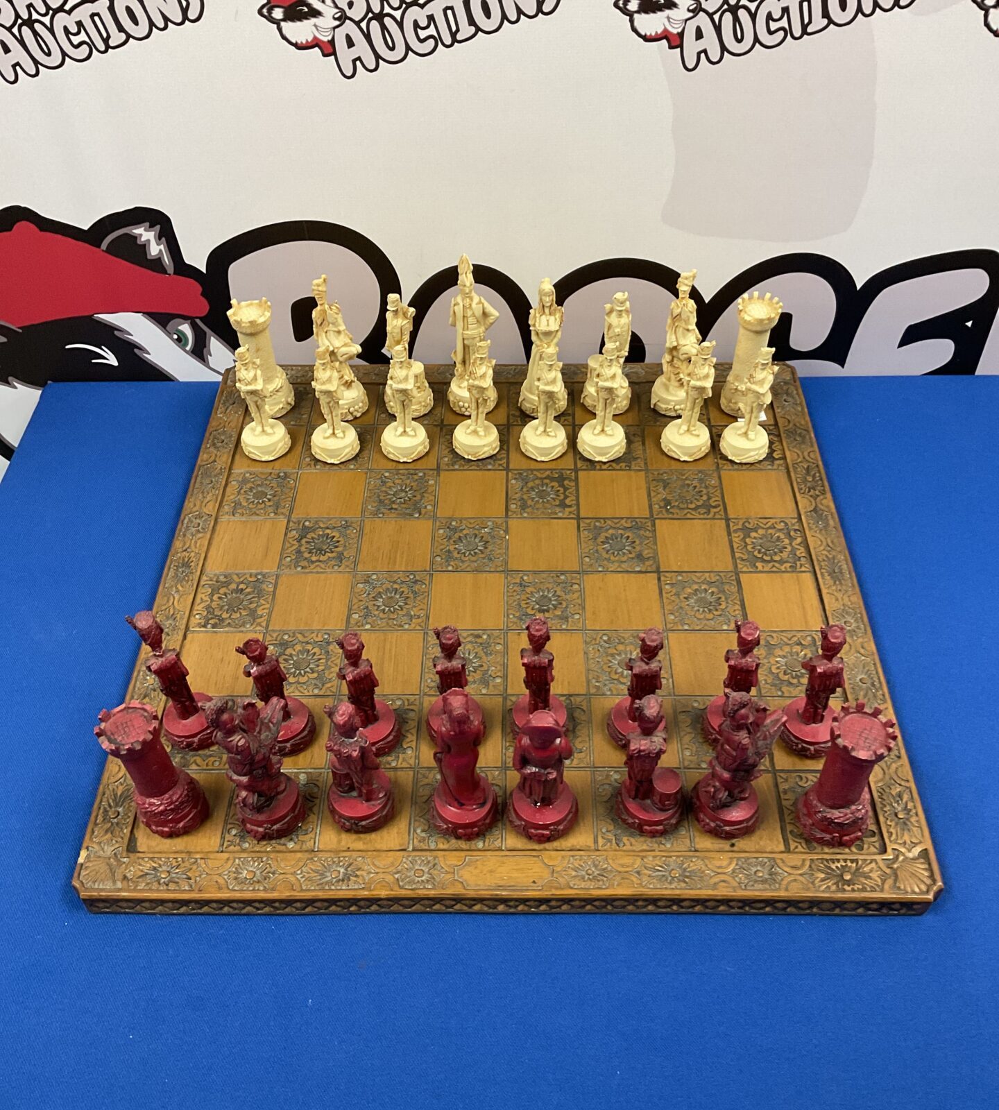 English rose pattern chess board with napoleon & wellington chess pieces