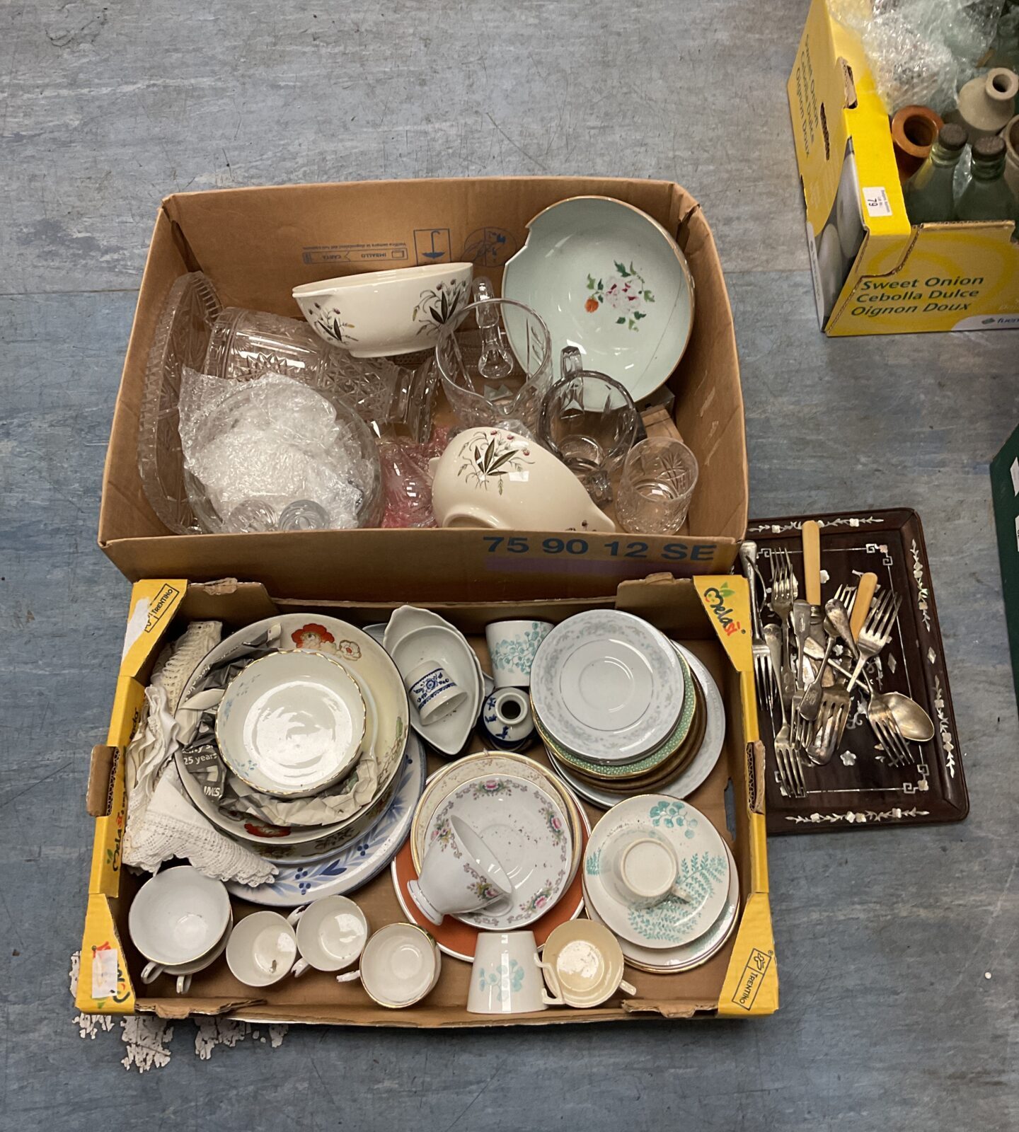 Two trays of mixed china, crystal, glassware & silver plate cutlery