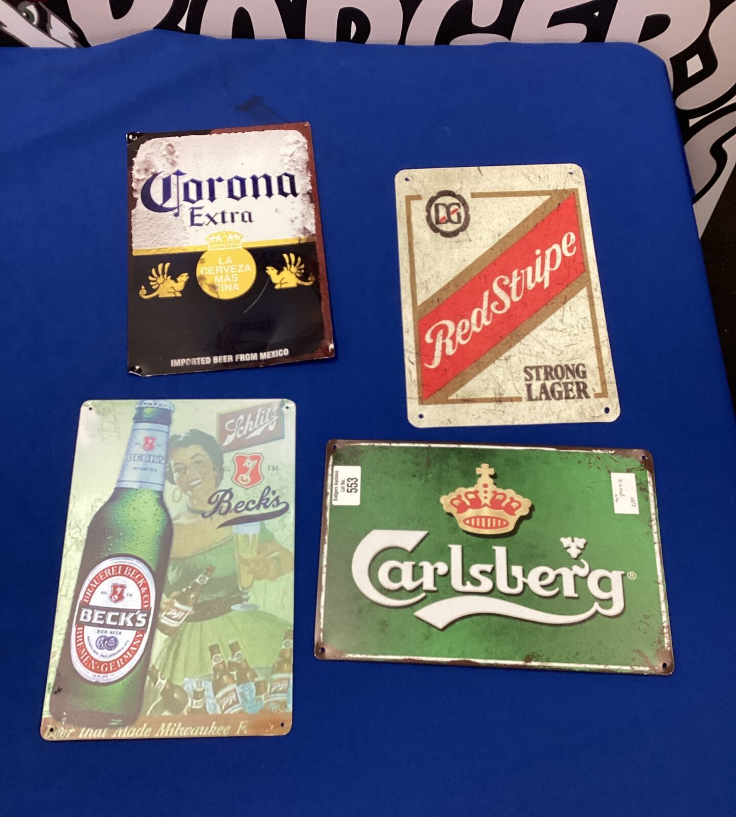 Four tin sign inc carlsberg, red stripe, corona & becks