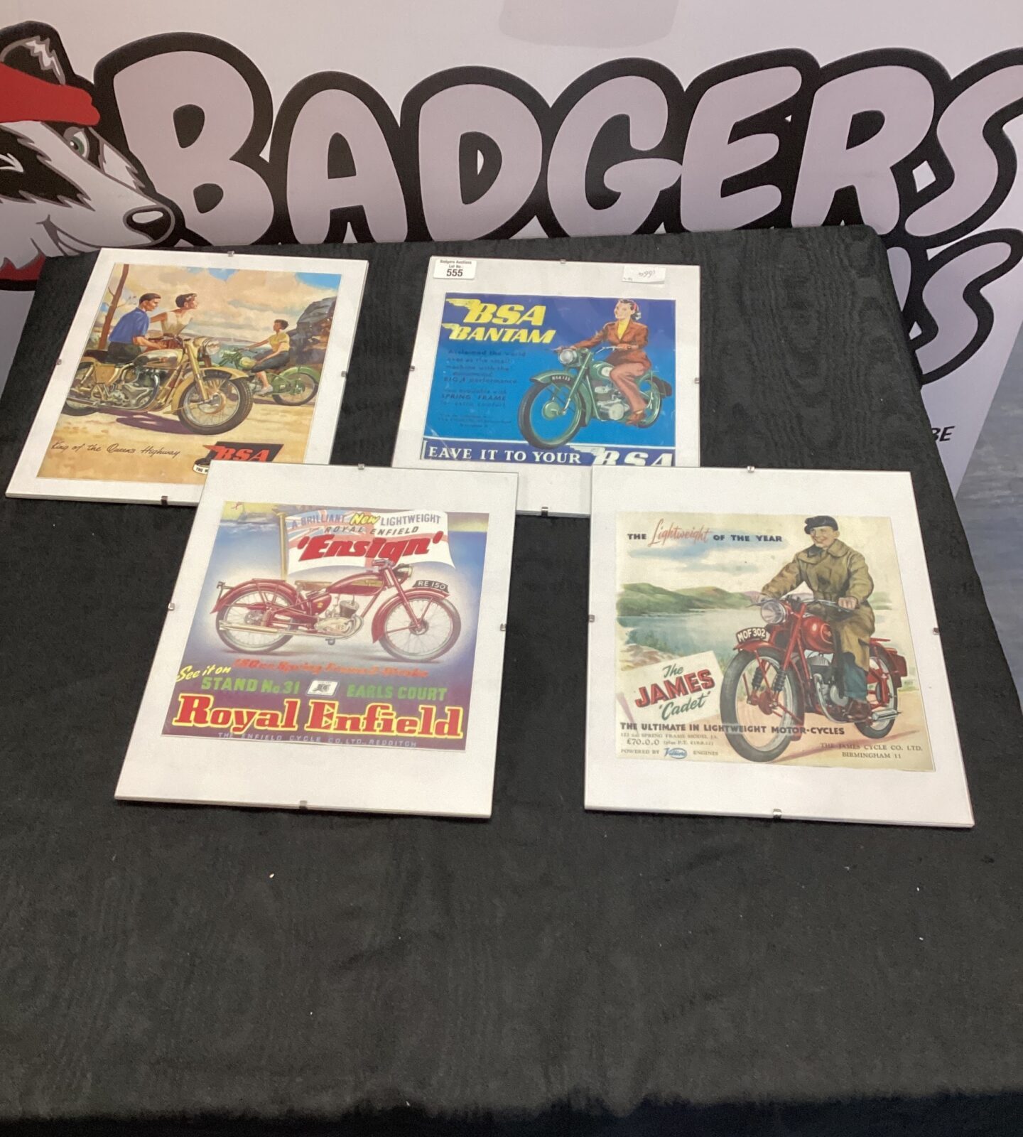 Four reproduction motorcycle advertising prints inc royal Enfield, james cadet & BSA