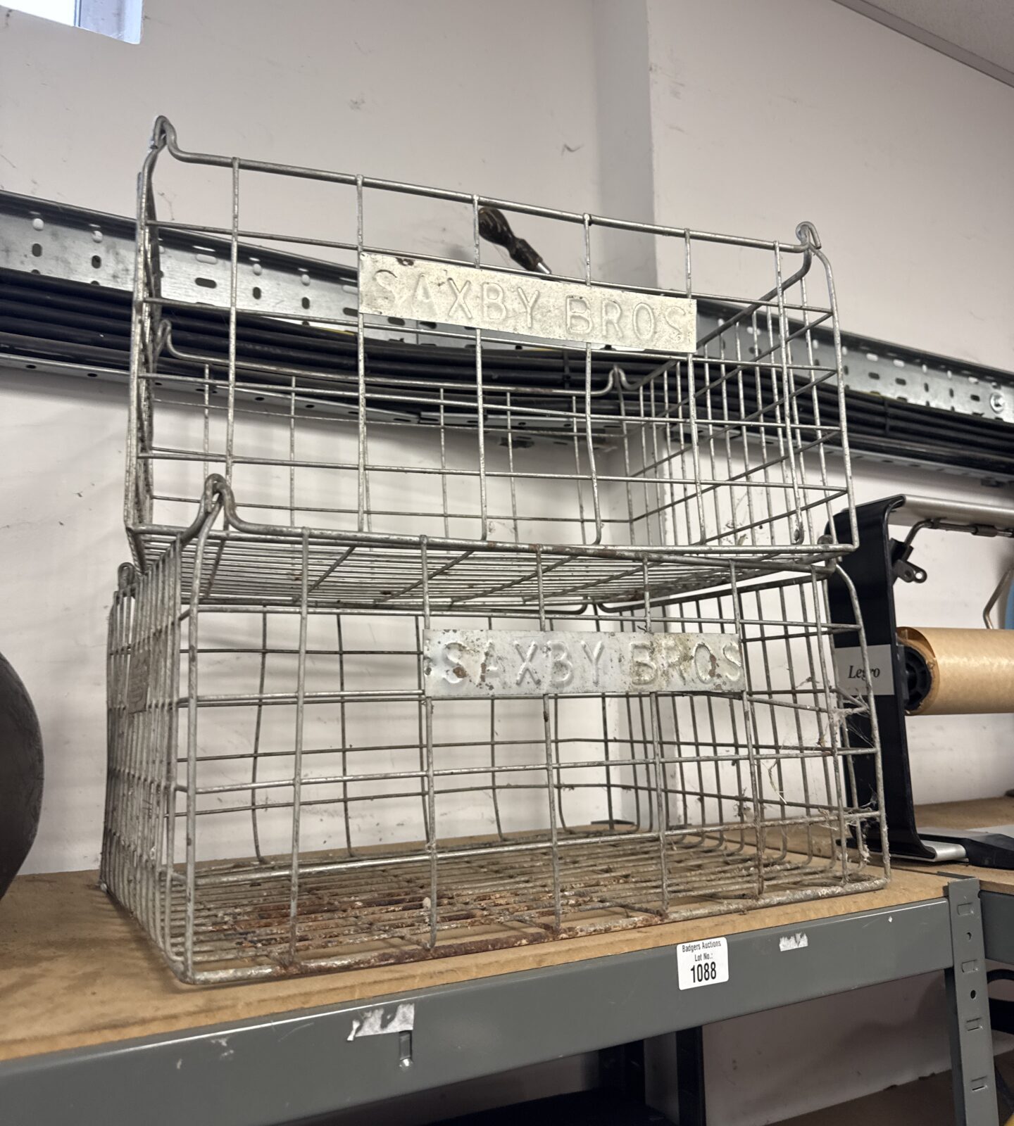 Two vintage saxby bros wire tote baskets
