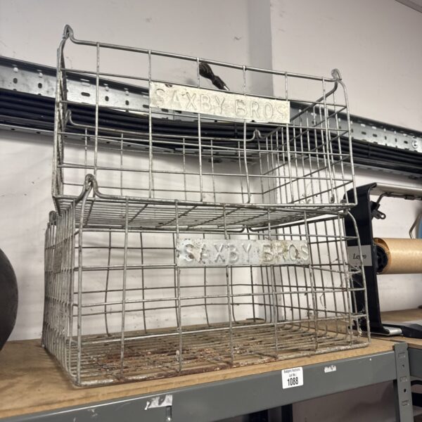 Vintage Saxby Bros wire baskets showing industrial design.