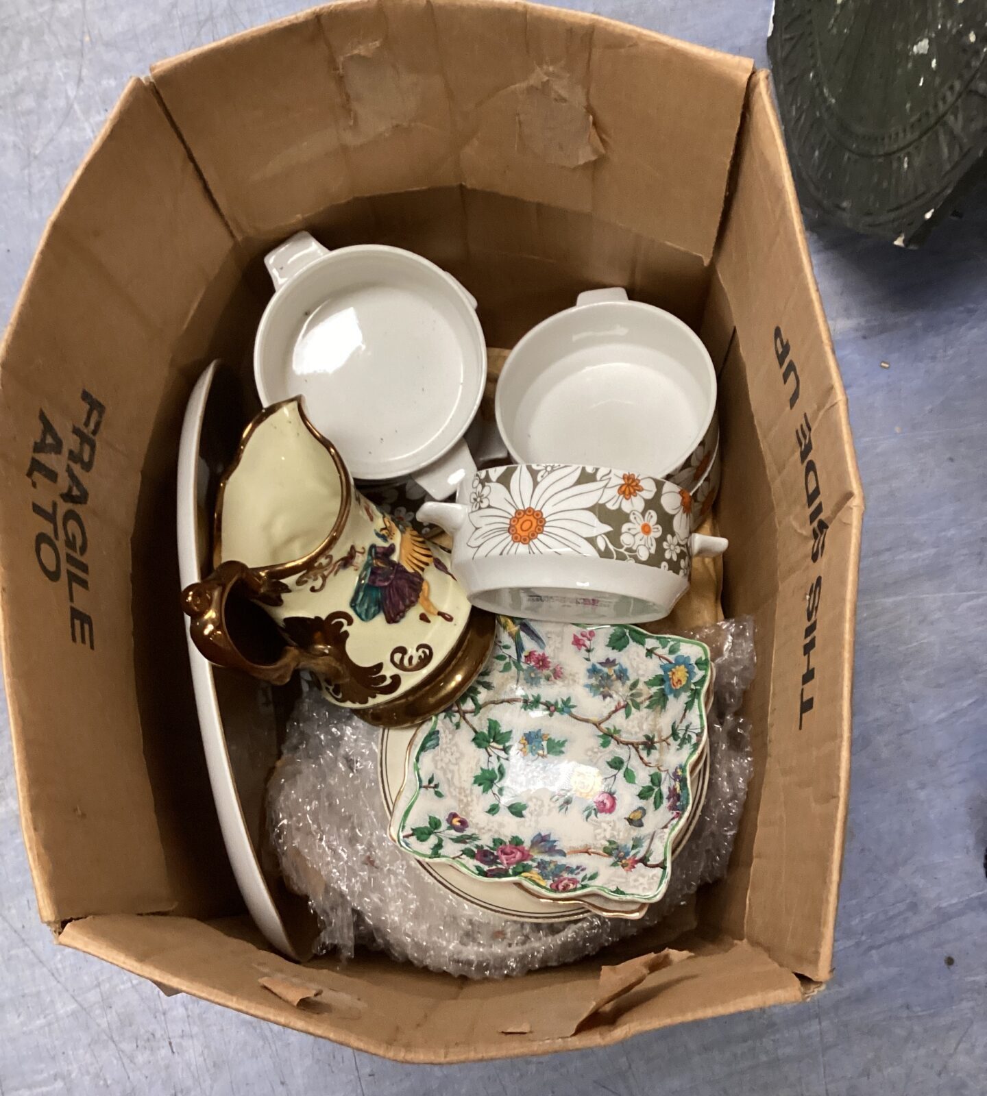 Box of mixed china inc Staffordshire Soup bowls