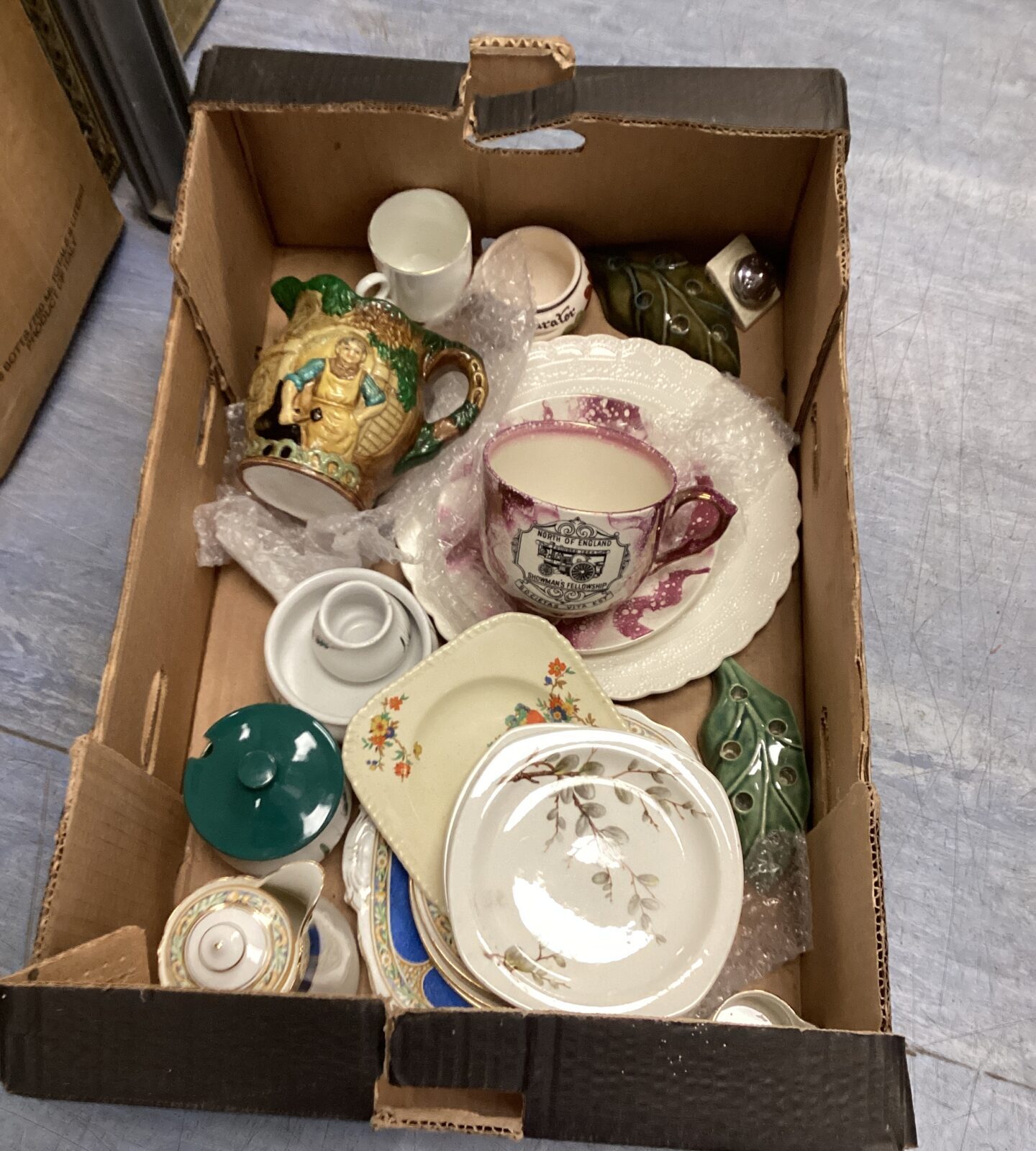 Box of mixed pottery items inc large Staffordshire Tea Cup and Saucer