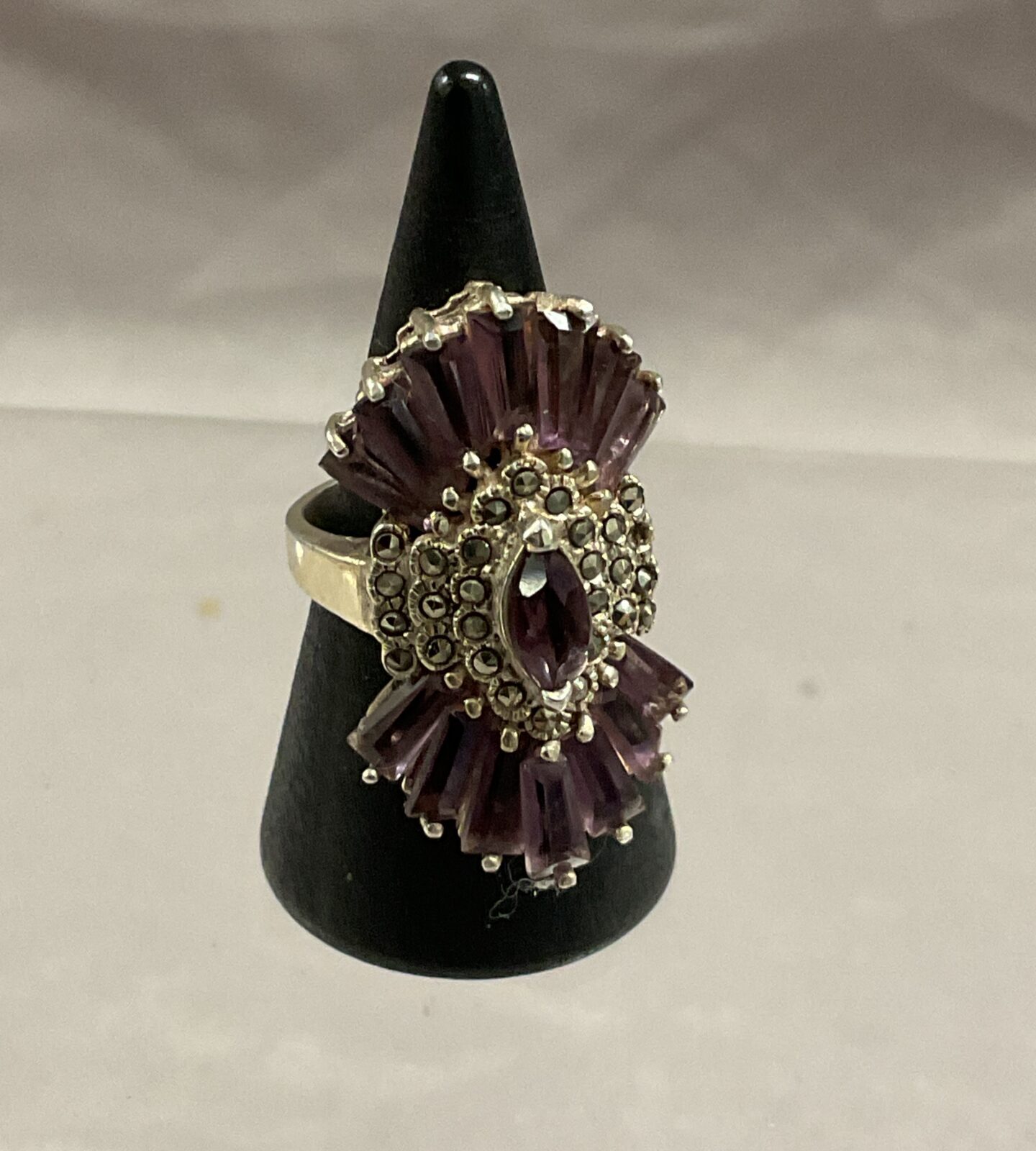 art deco Marcasite dress ring Set with purple marquise baguette stones size L