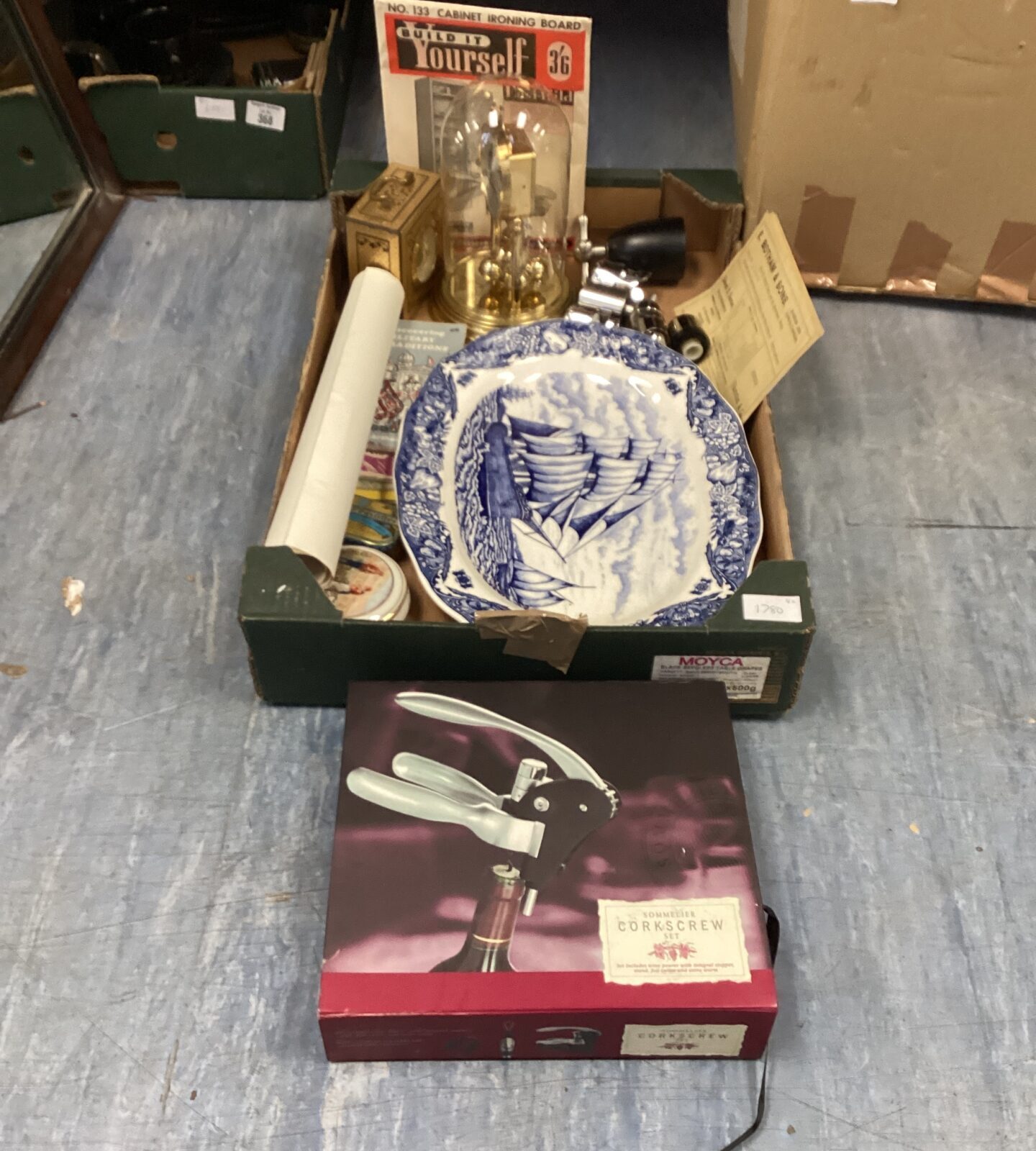 Box of mixed items inc clocks and sommelier set