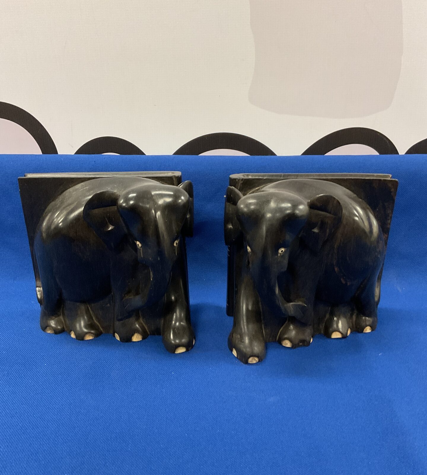 Pair of carved ebony elephant bookends