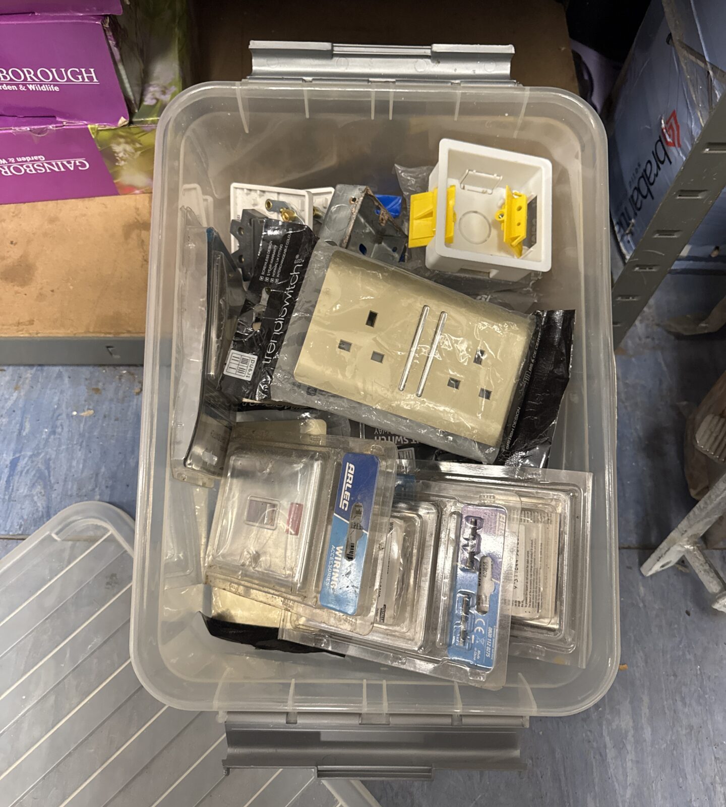 Box of assorted electrical items inc sockets & switches