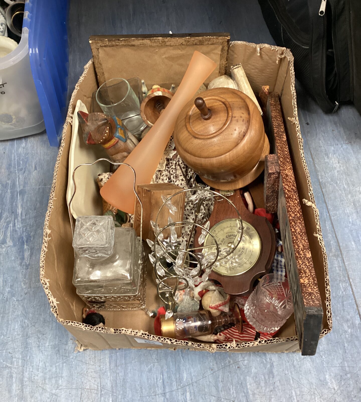 crate mixed items inc wood biscuit barrel & decanter