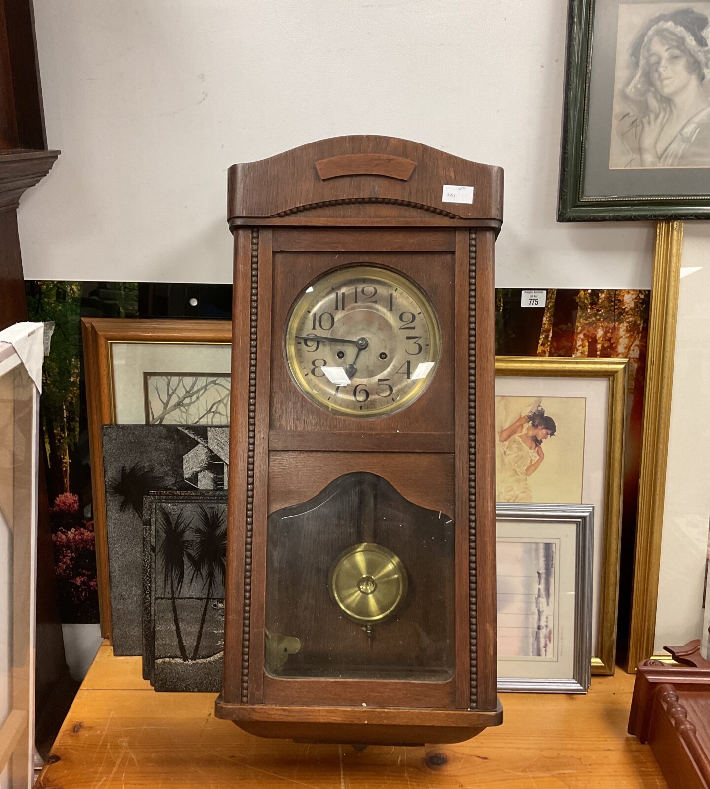 Vintage oak cased chiming wall clock with key & pendulum