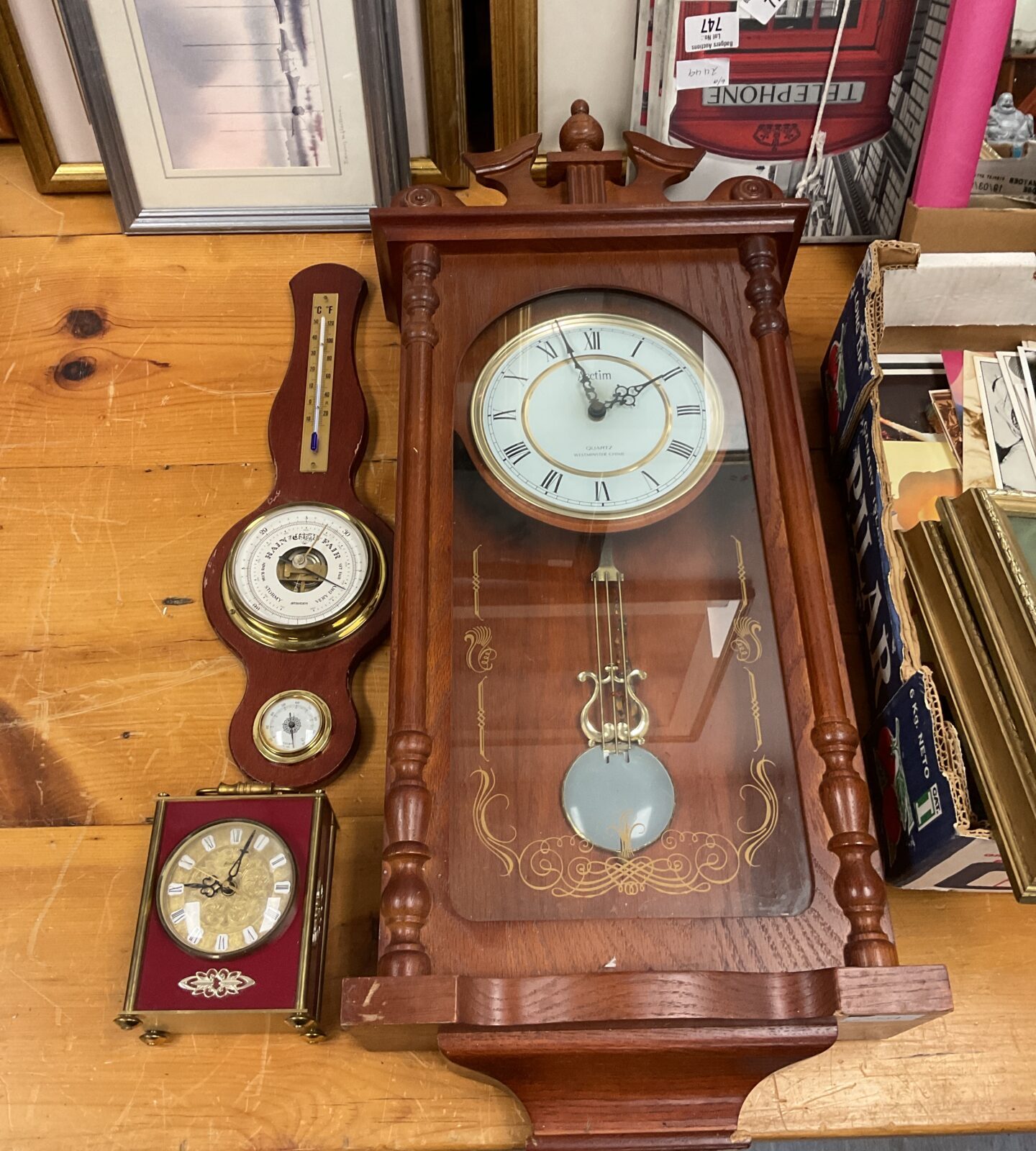 Acctim Westminster chime wall clock with bentima carriage clock & staiger barometer