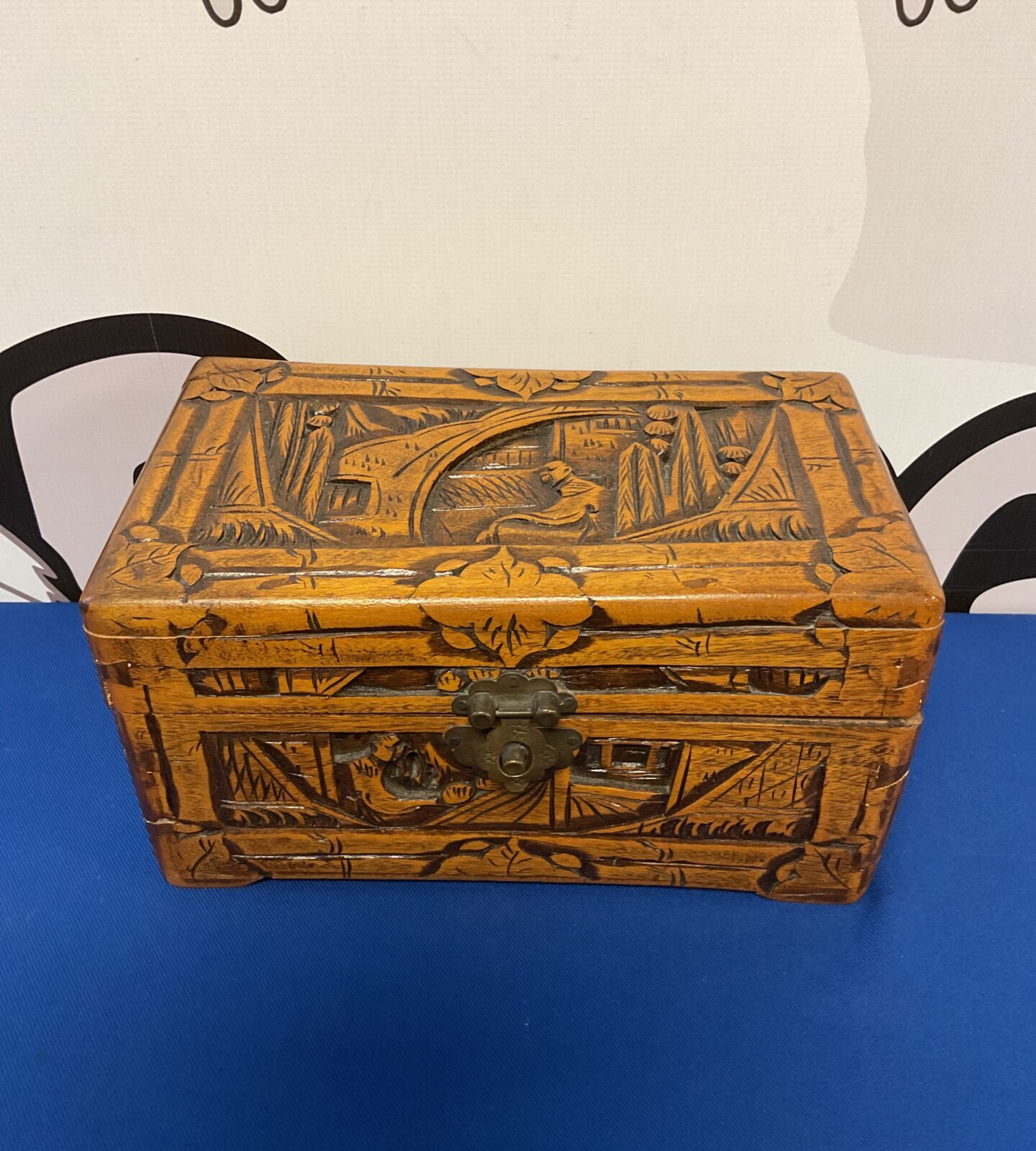 Vintage hand carved oriental wooden box