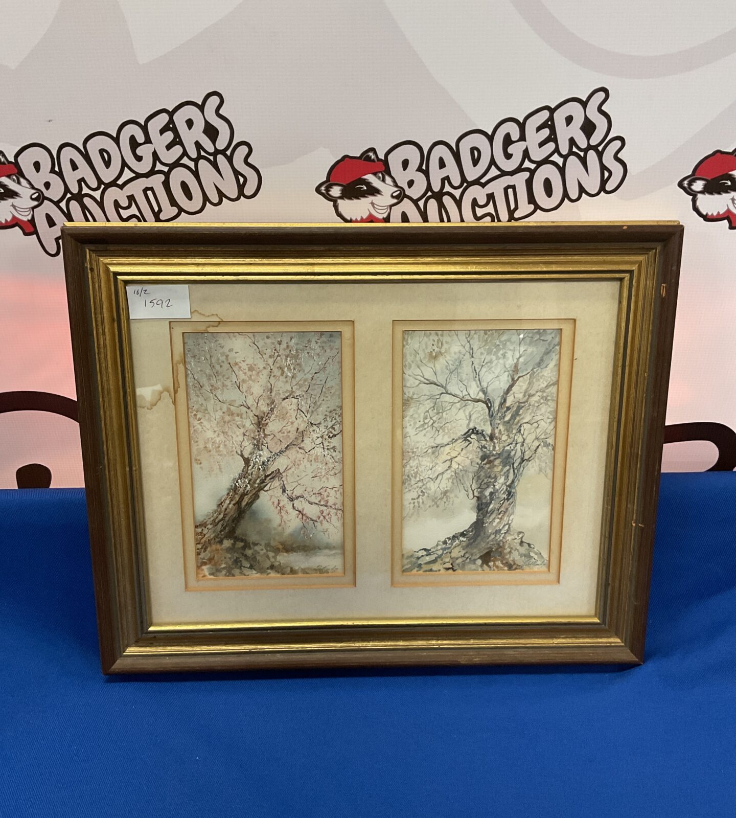 J s moody framed watercolours of trees in blossom