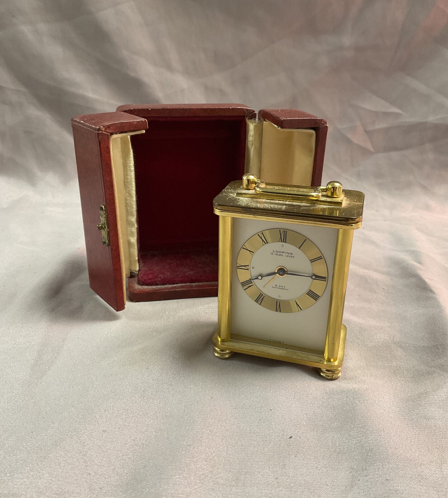 looping brass 3” miniature carriage clock In original travel case