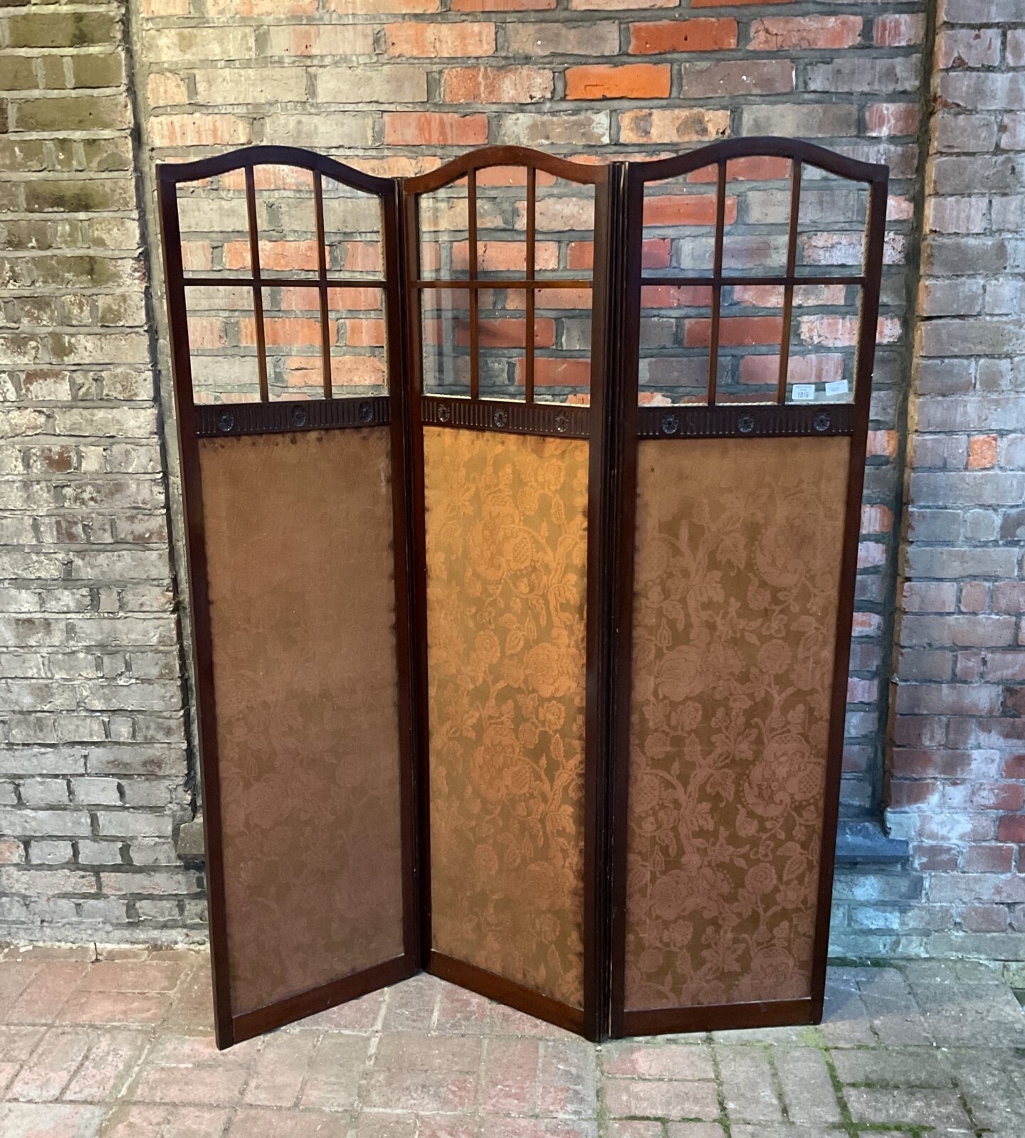 1920s oak privacy screen with silk panels & glass windows