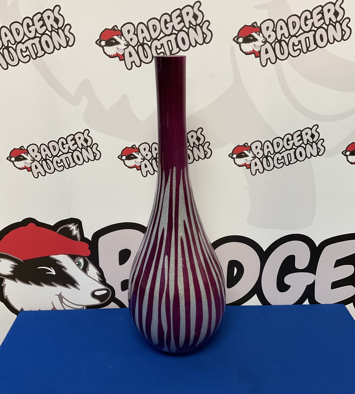 Modern glass silver & purple tiger stripe vase