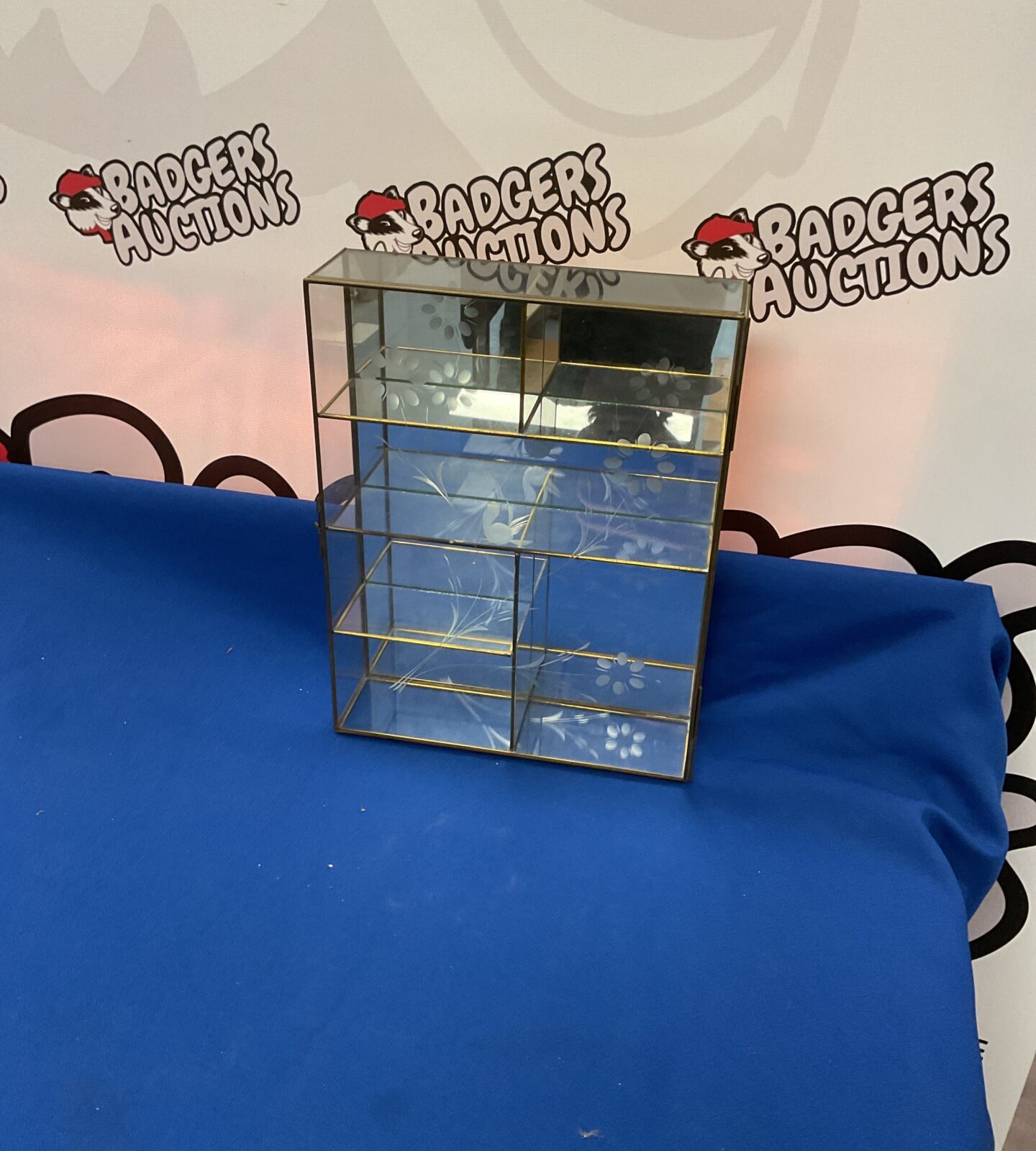 Floral patterned glass display cabinet