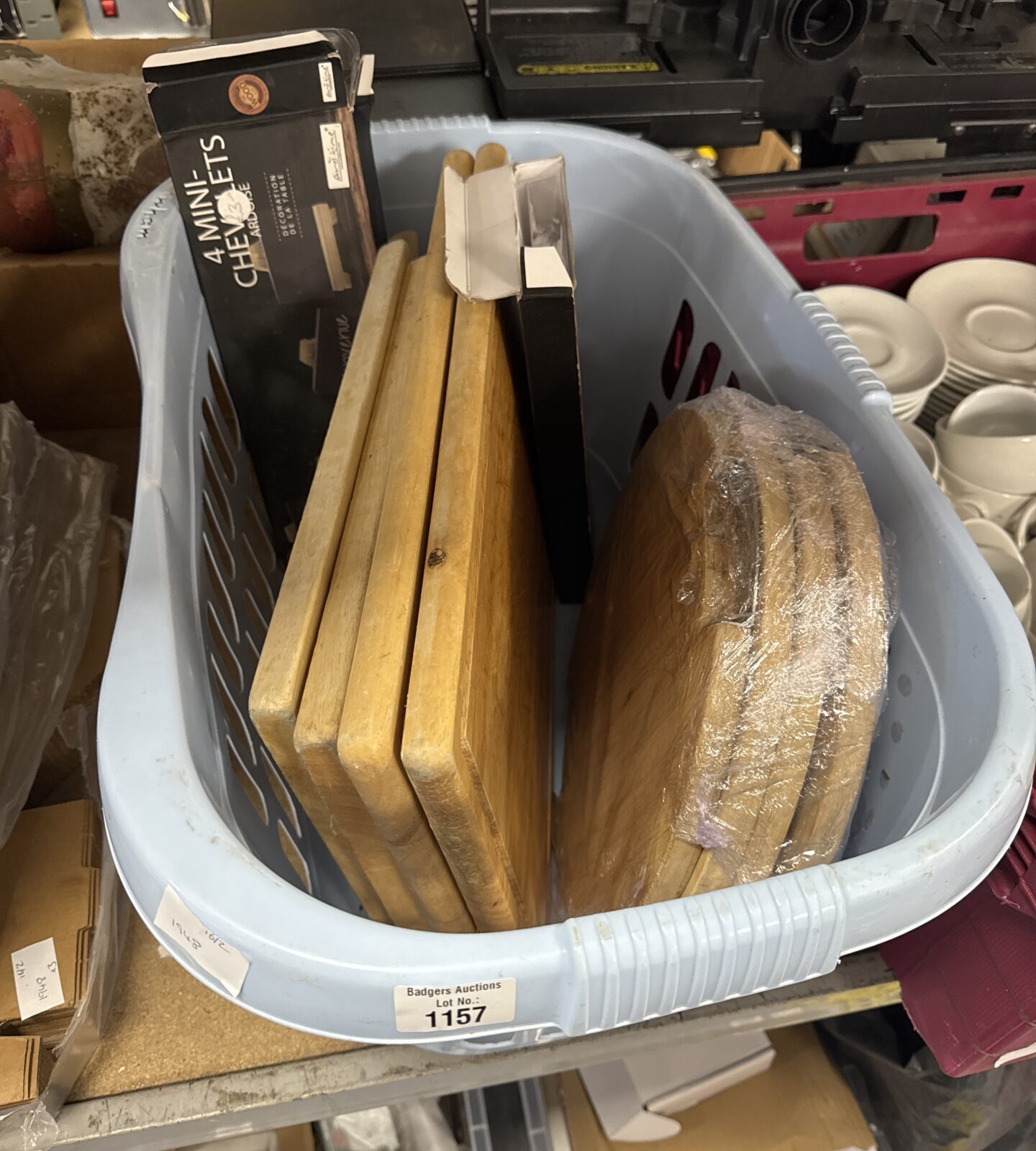 Selection of wooden chopping boards with two packets of mini chevalets