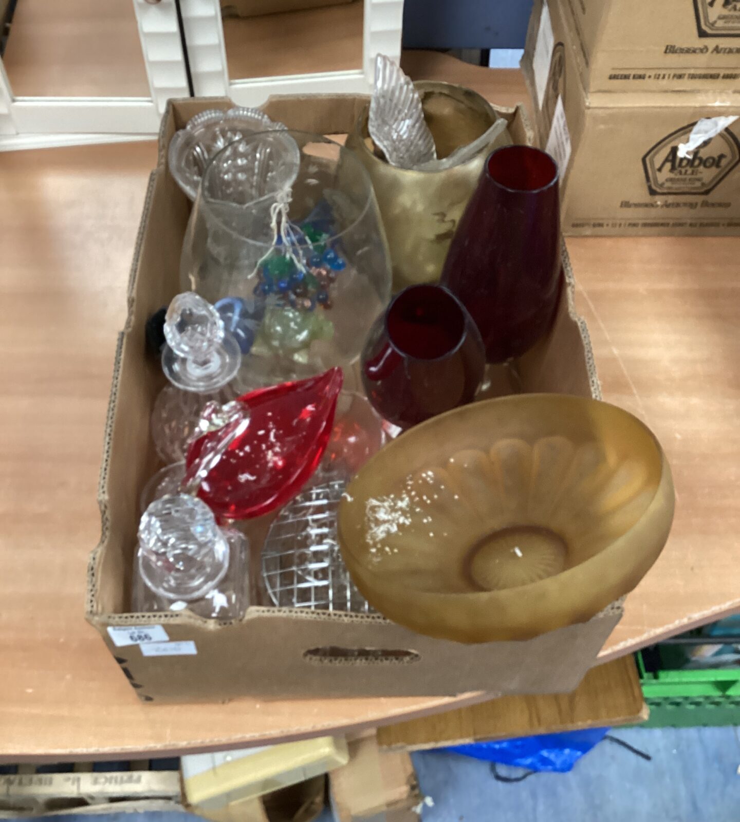 Box of mixed glassware inc large cherry glass vase