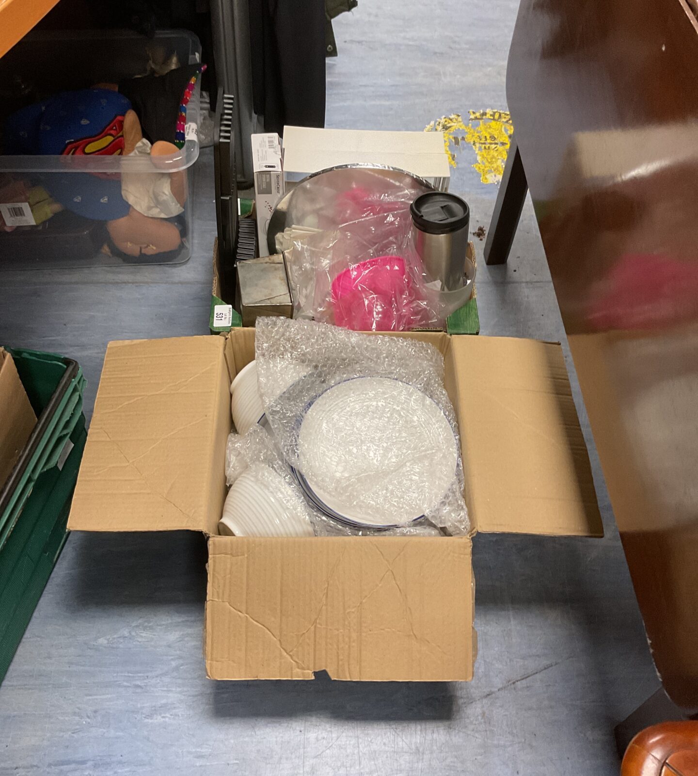 Box of mixed items and box containing Sainsbury dinner set
