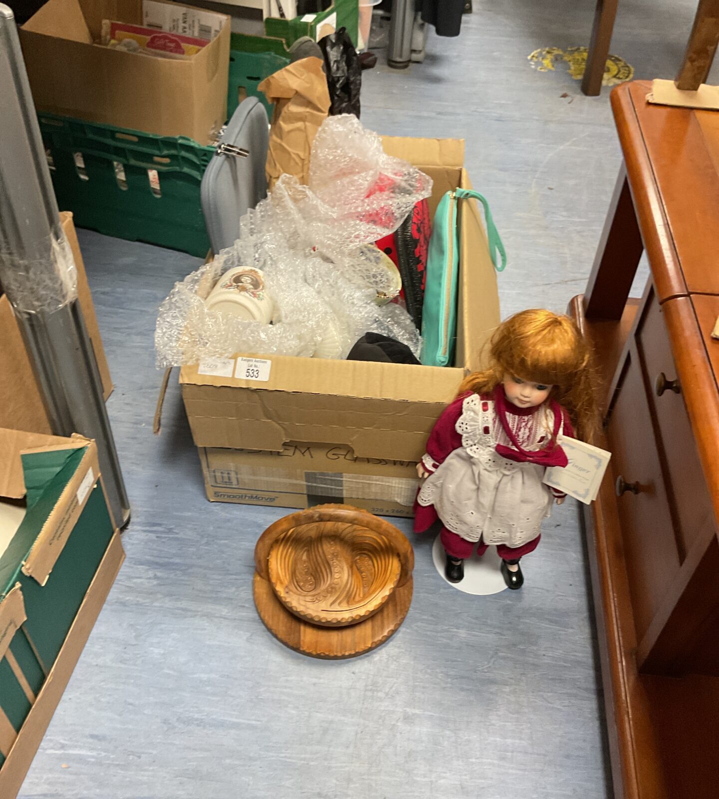 Box of mixed inc mugs, purses and the hamilton collection porcelain doll