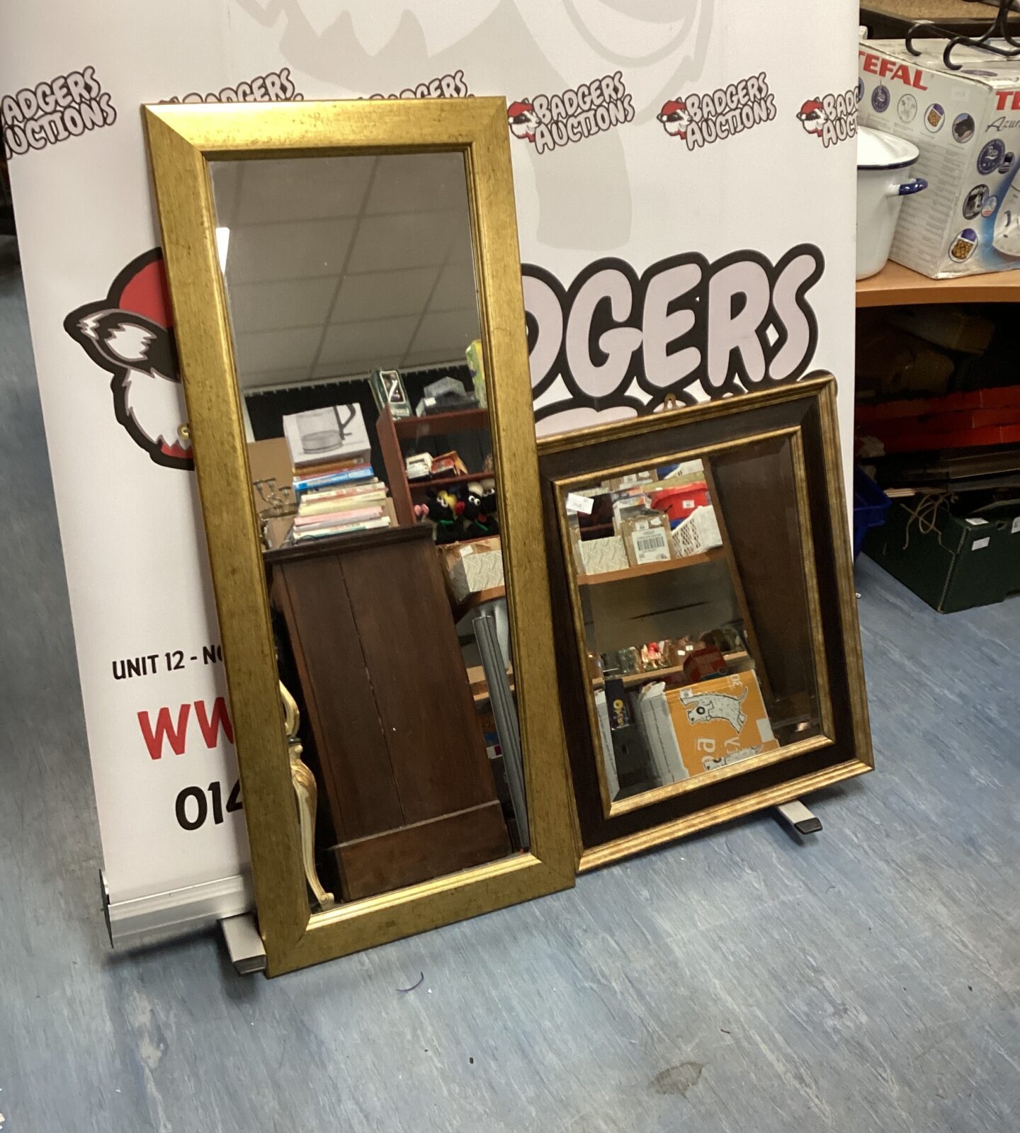 Two gold coloured framed mirrors