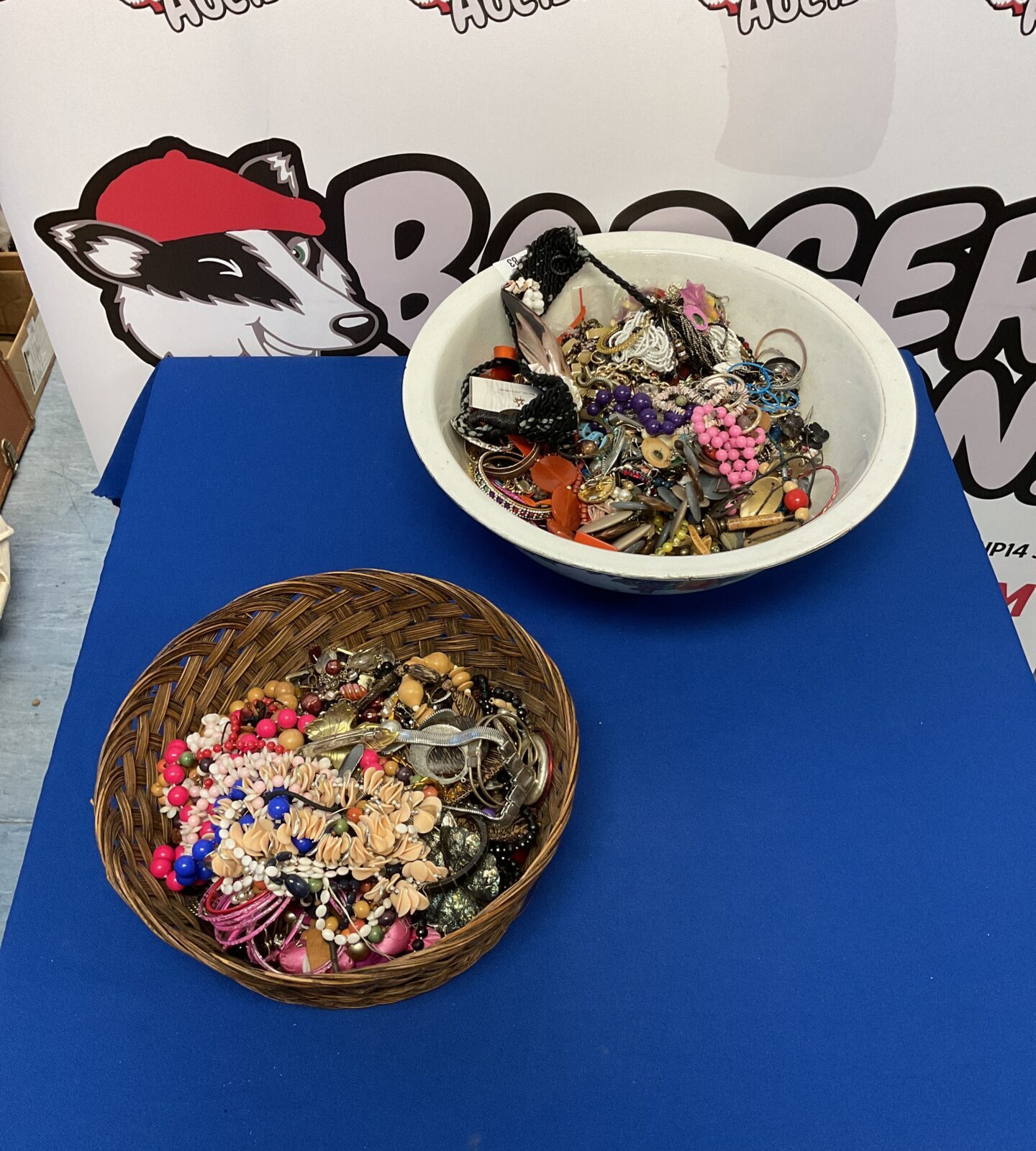 Large bowl & basket full of costume jewellery