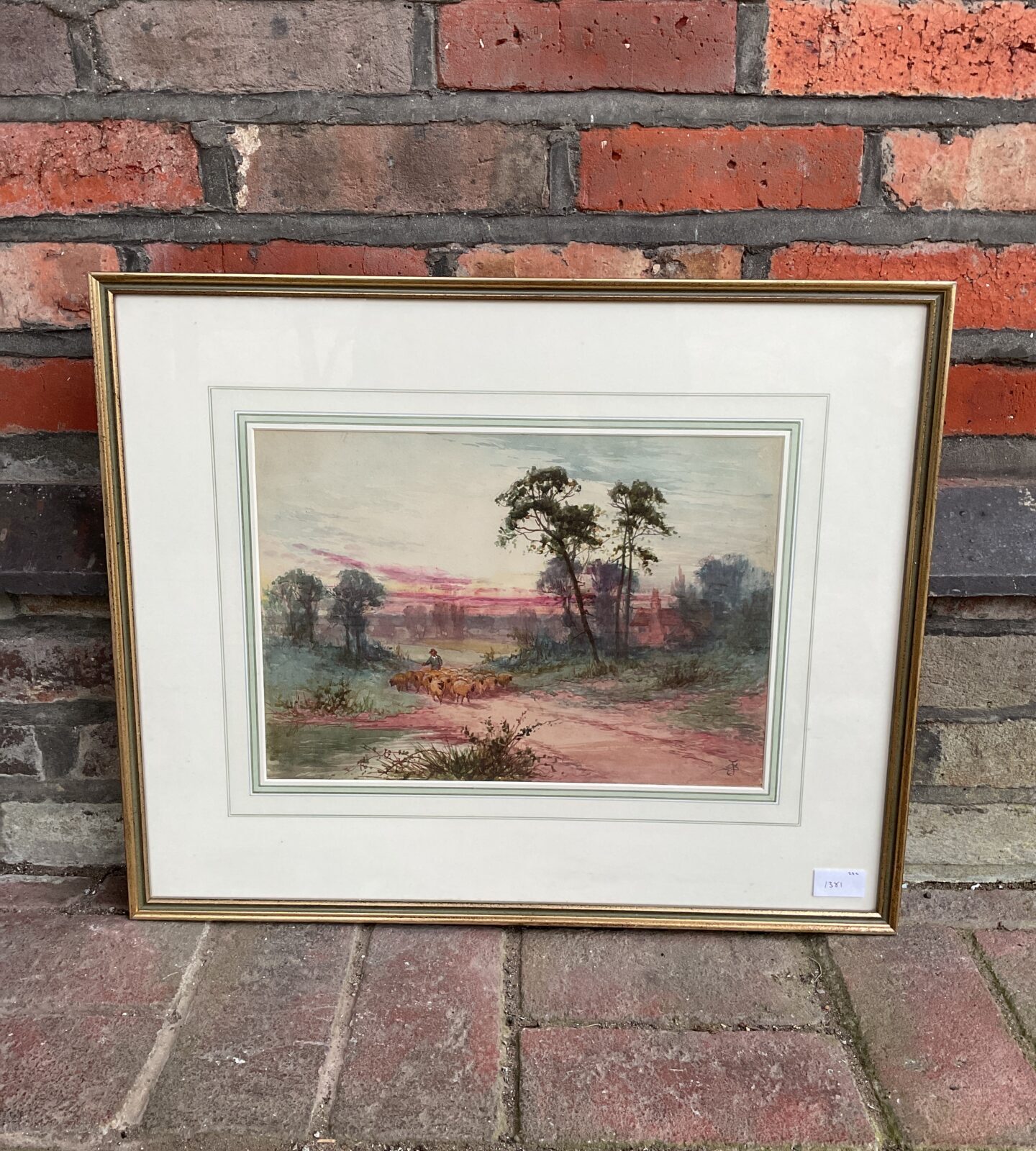 signed 19th century watercolour of shepherd with sheep & cottage