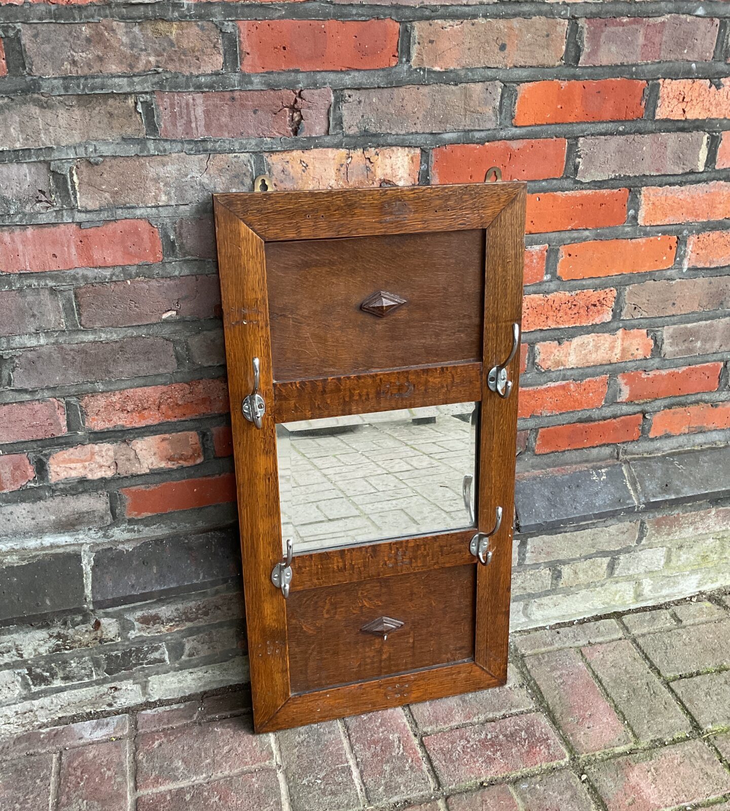 Vintage oak mirrored coat rack