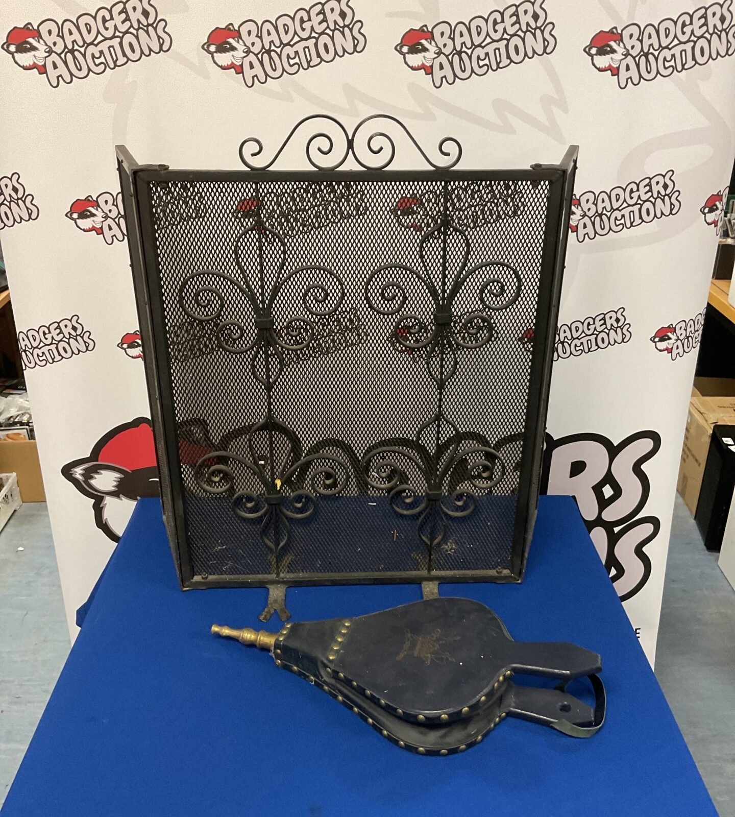 Wrought iron & mesh tri-fold firescreen & bellows