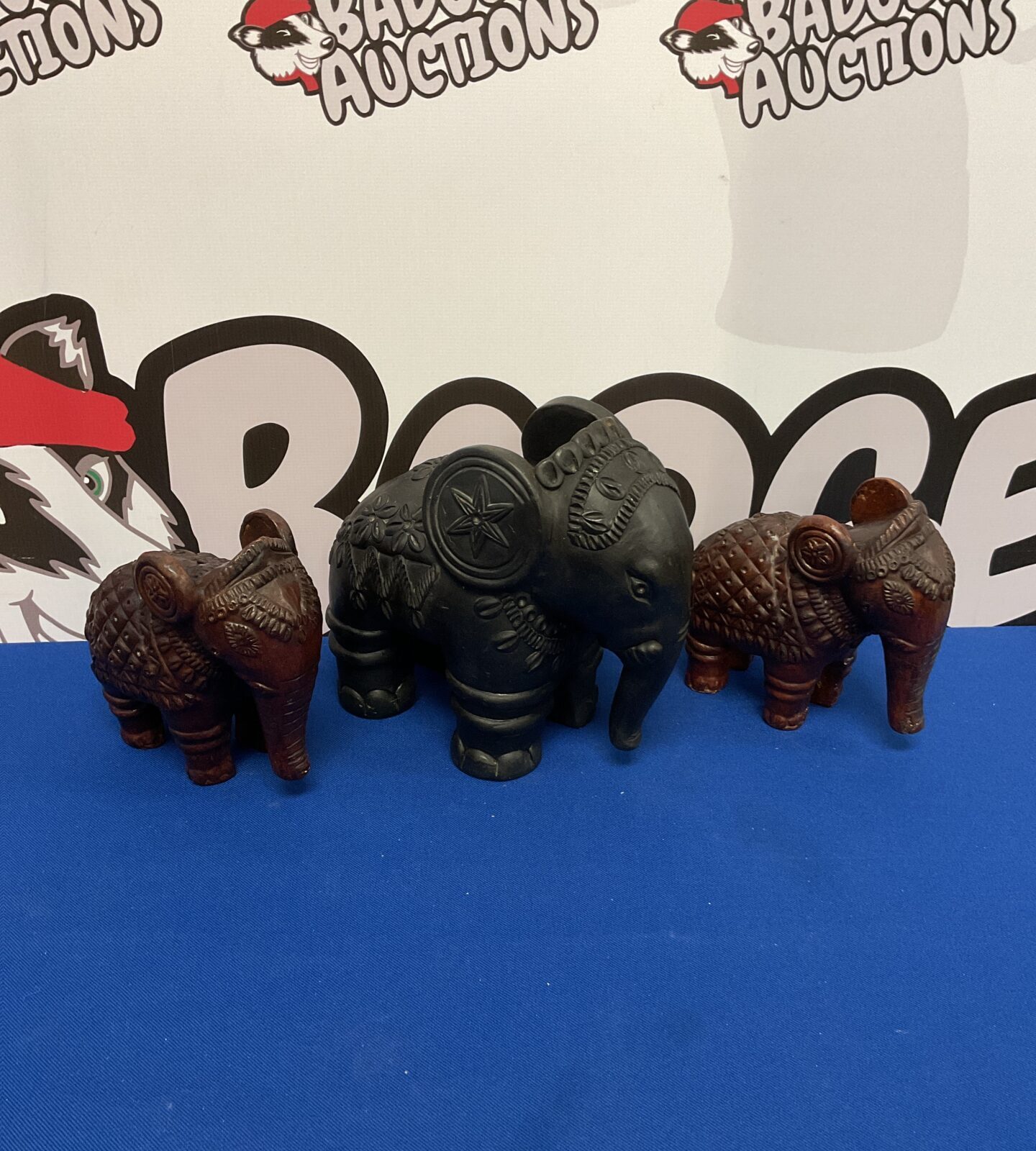 Three vintage Indian terracotta elephants