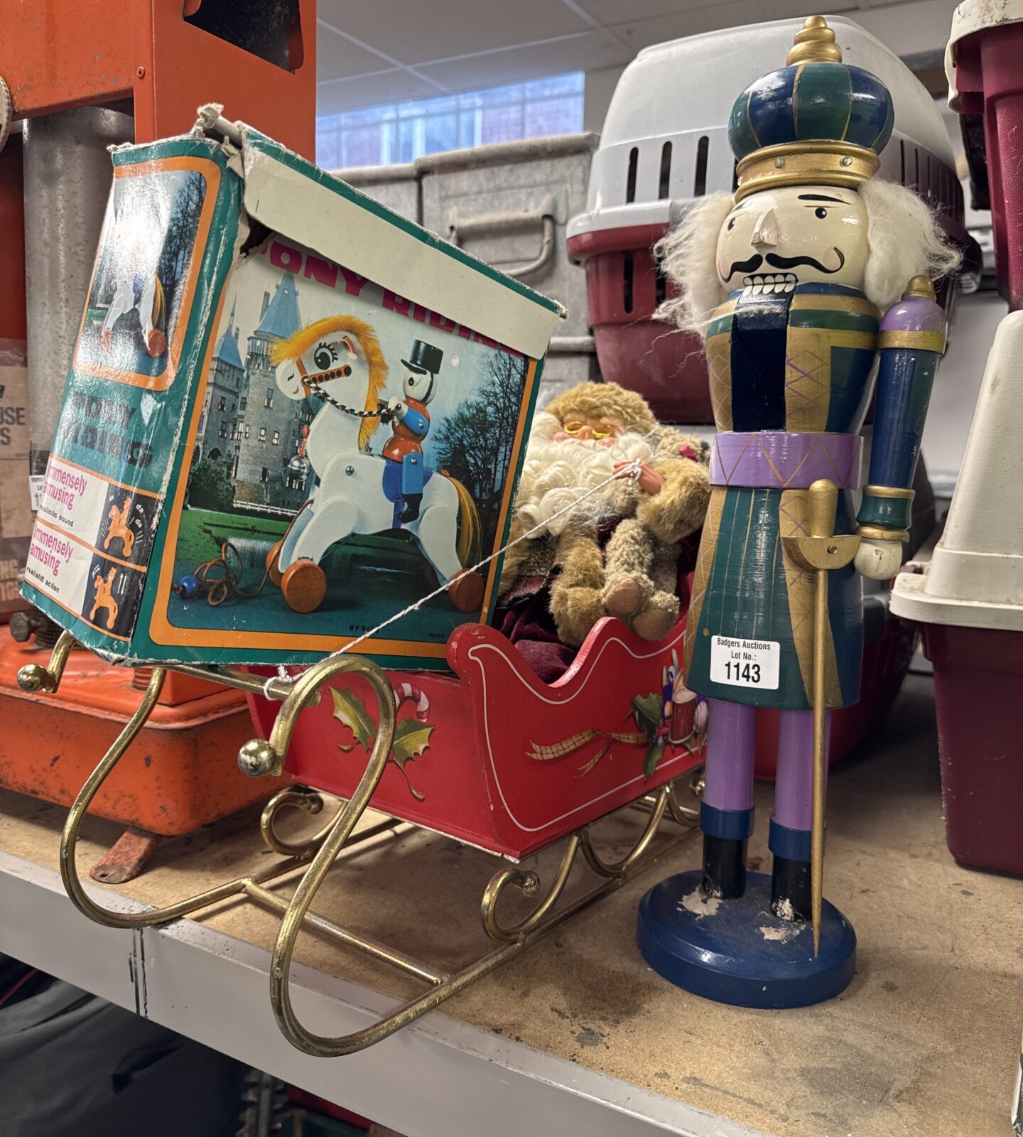 Selection of vintage wooden items inc soldier nutcracker with a Santa sleigh Christmas decoration